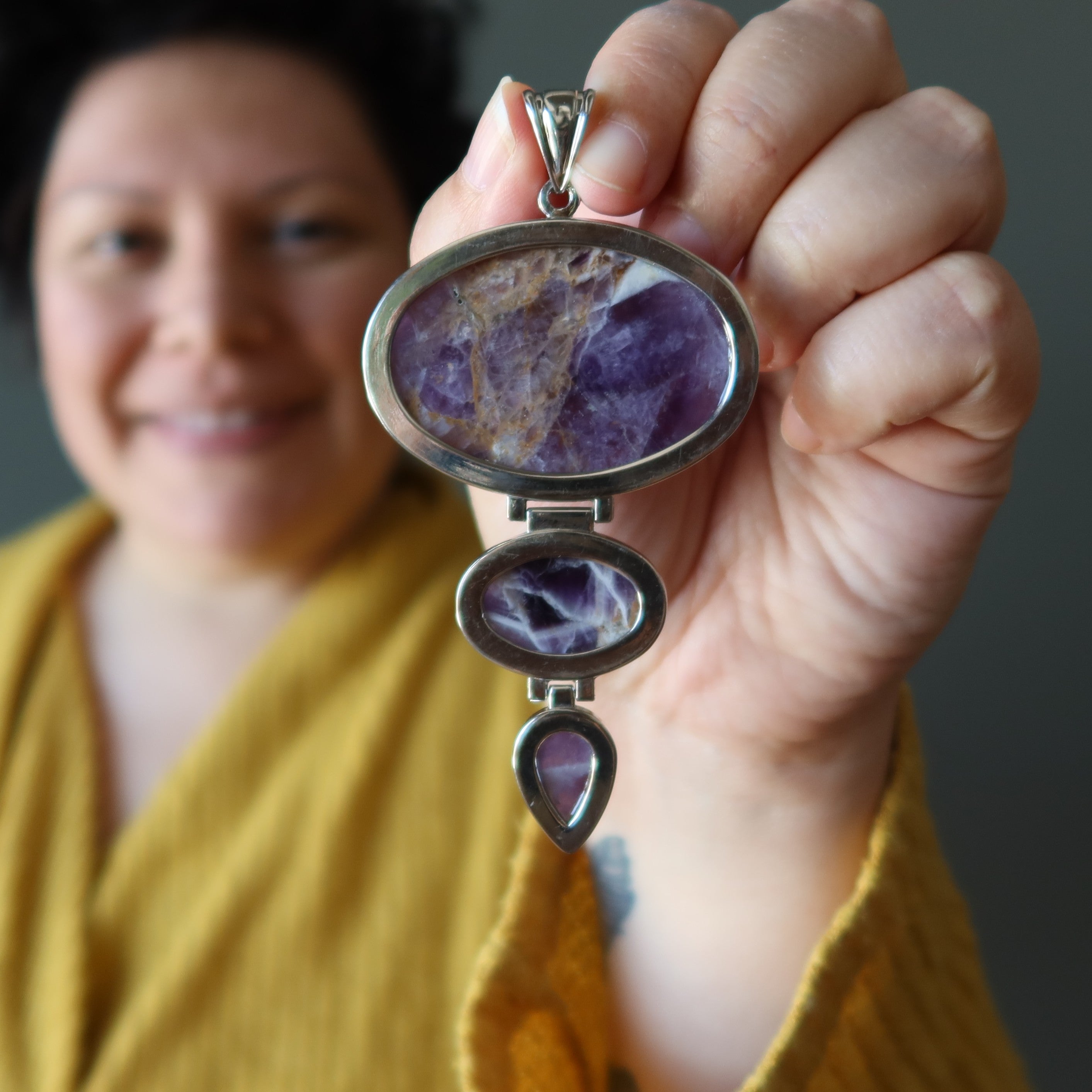 Amethyst Anhänger Große Erleuchtung Dreifach Edelstein Silber