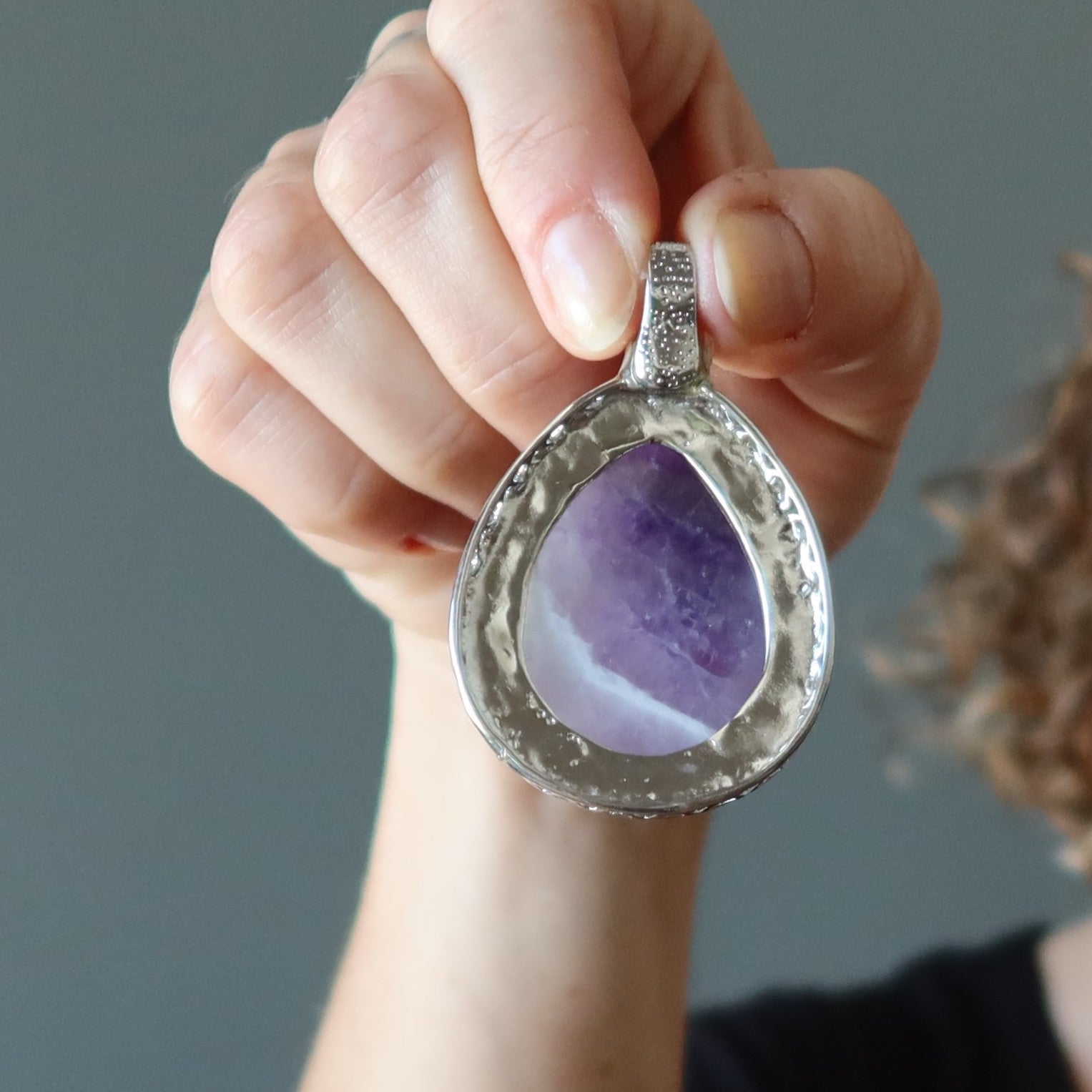 Amethyst Pendant Big Purple Teardrop Stone Silver