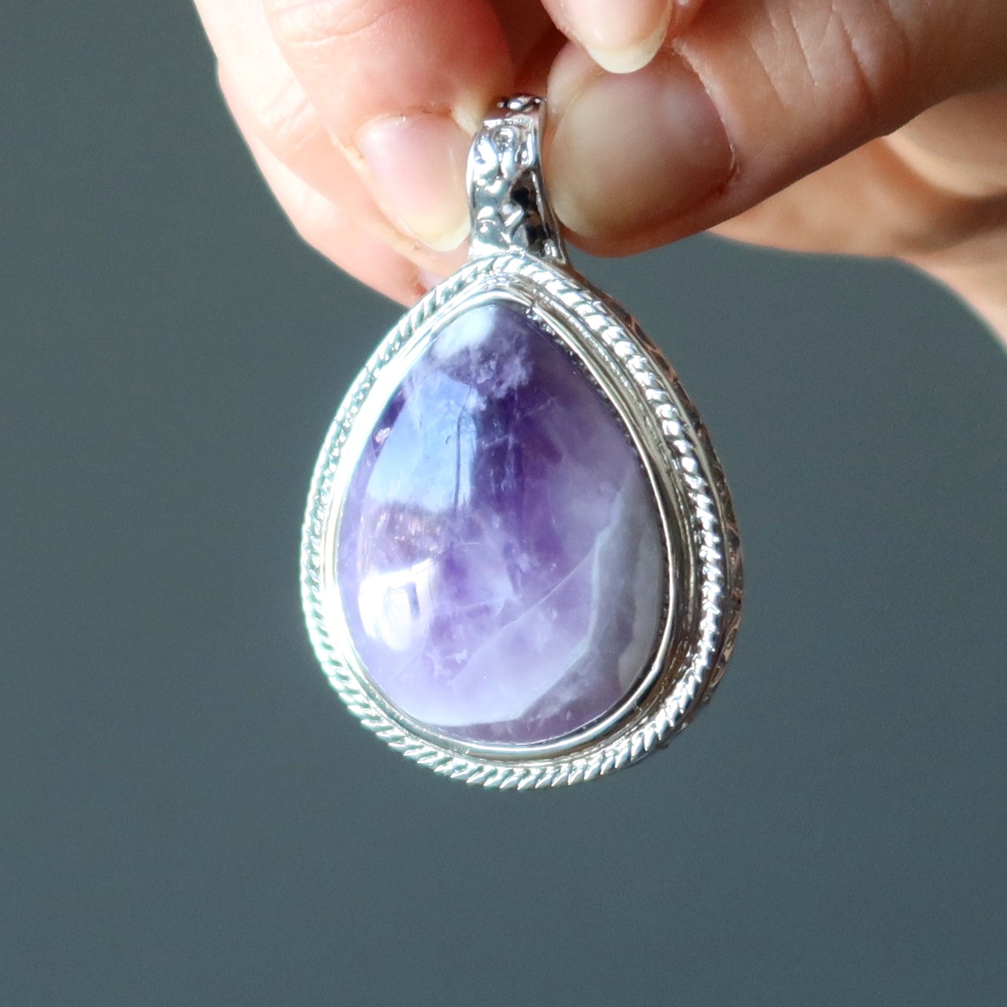 Amethyst Pendant Big Purple Teardrop Stone Silver