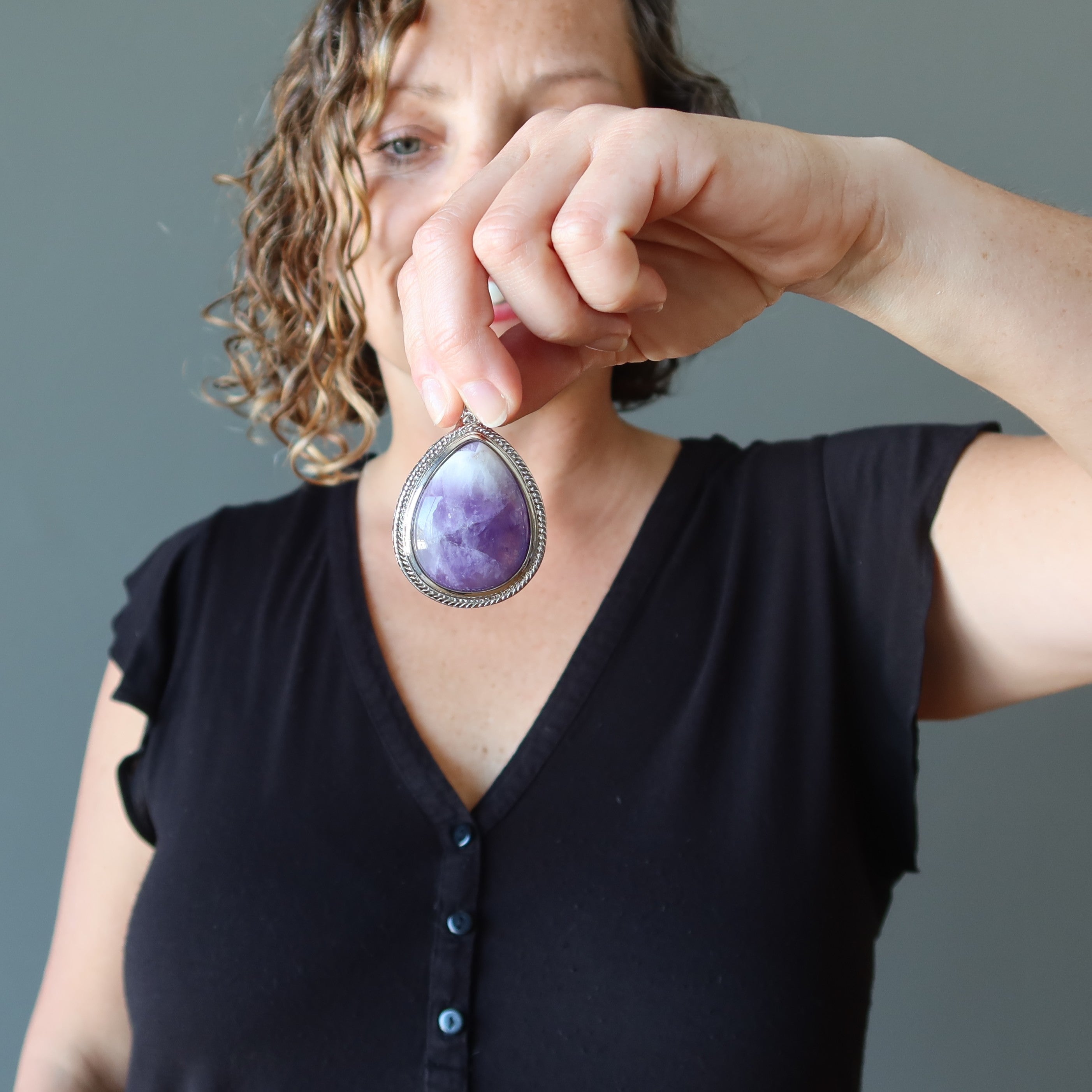 Amethyst Pendant Big Purple Teardrop Stone Silver