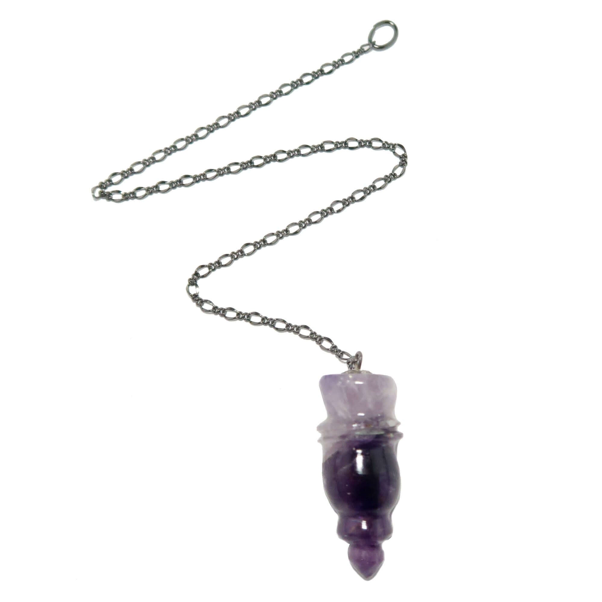 Amethyst pendulum for dowsing with carved crystal point on silver chain for divination and spiritual guidance
