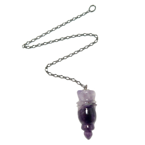 Amethyst pendulum for dowsing with carved crystal point on silver chain for divination and spiritual guidance