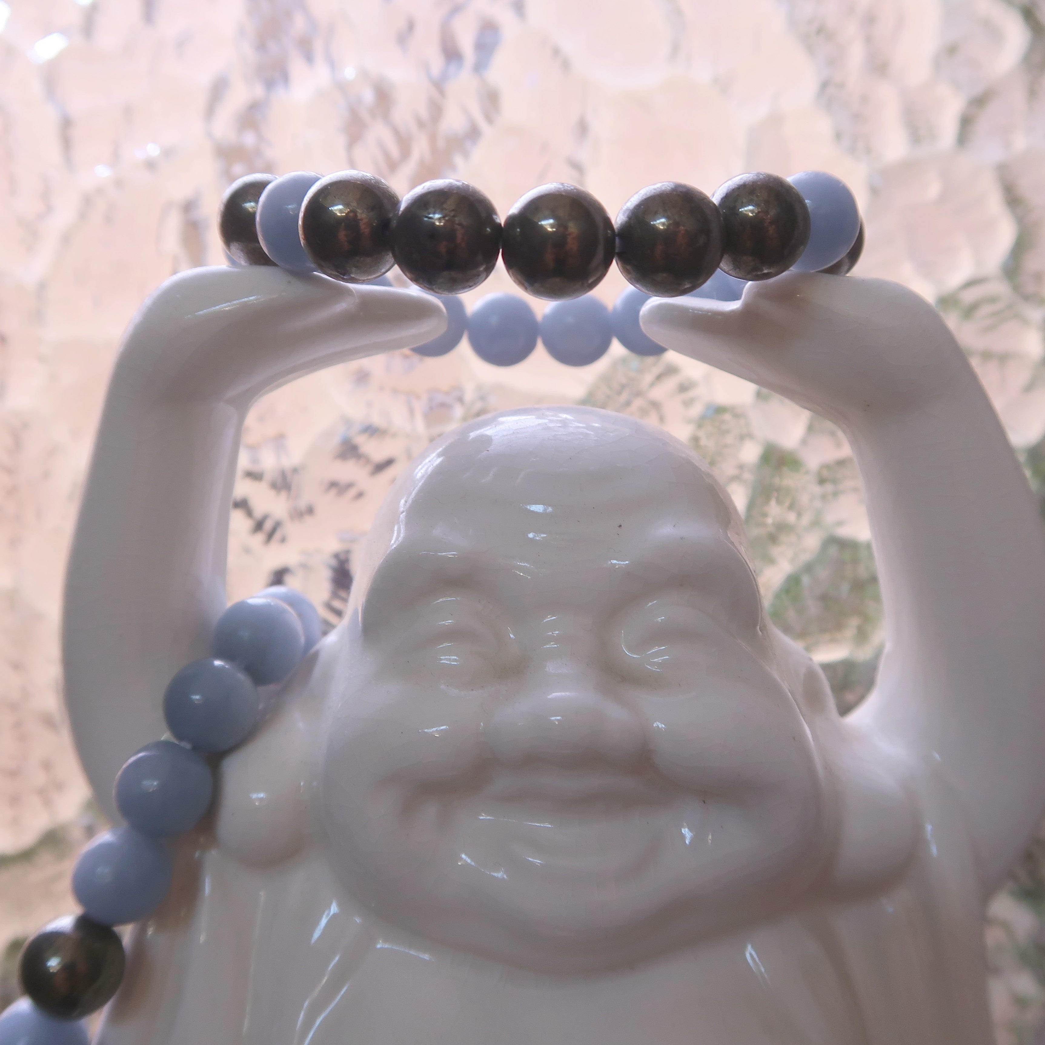 Angelite Bracelet & Pyrite Gems Blue Gold Angel of Abundance