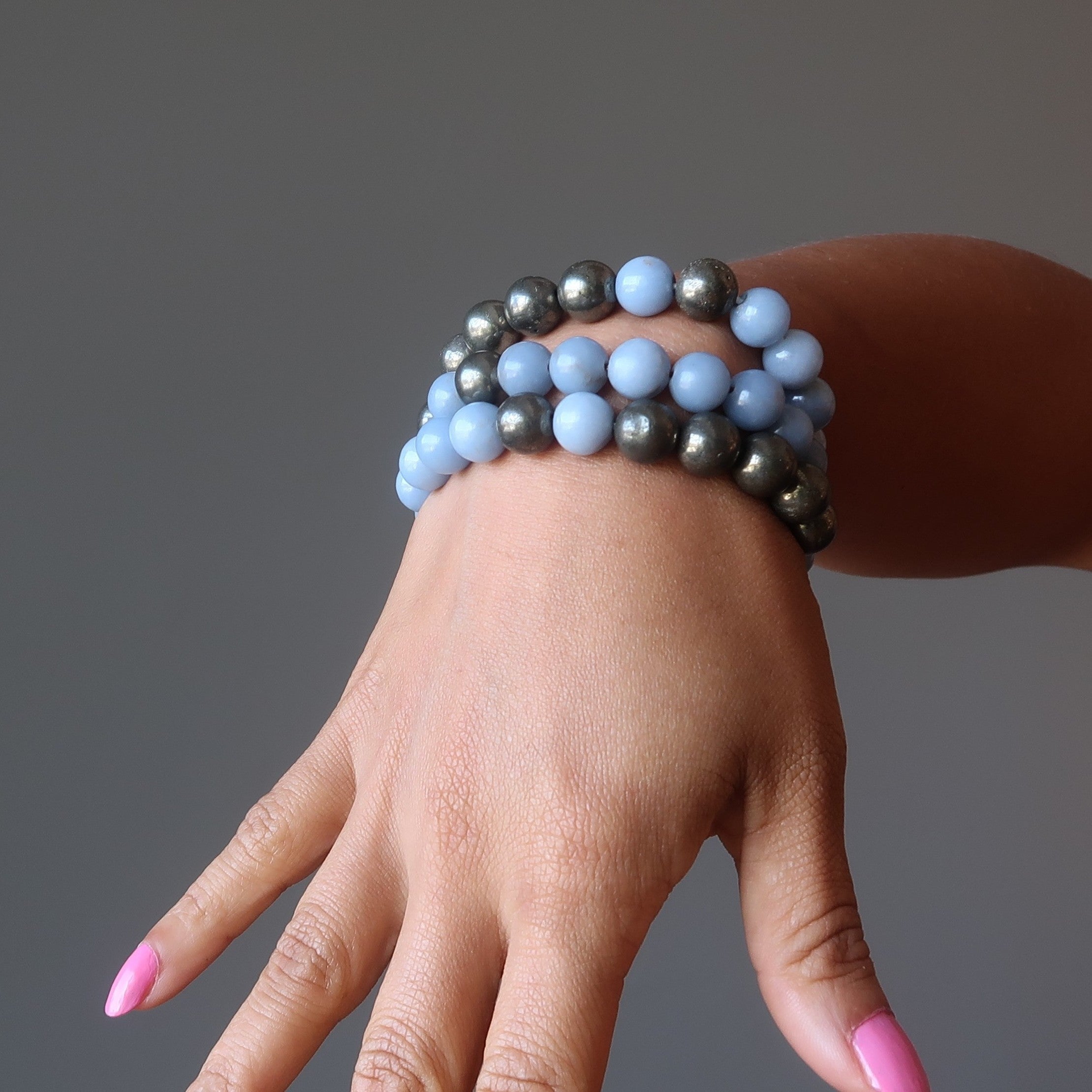 Angelite Bracelet & Pyrite Gems Blue Gold Angel of Abundance