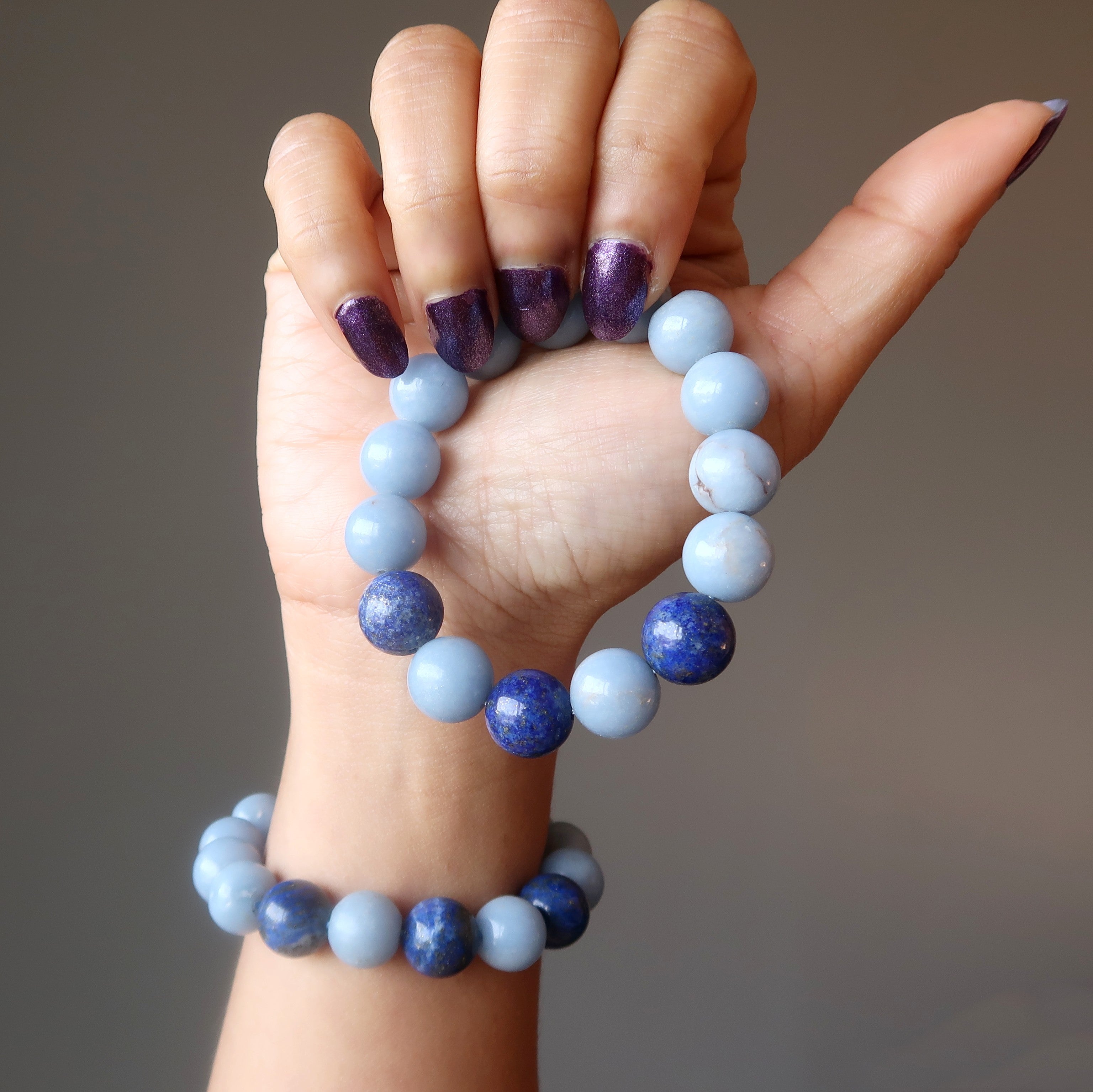 Angelite Bracelet & Lapis Lazuli Gemstone Beads Pyrite Starry Sky