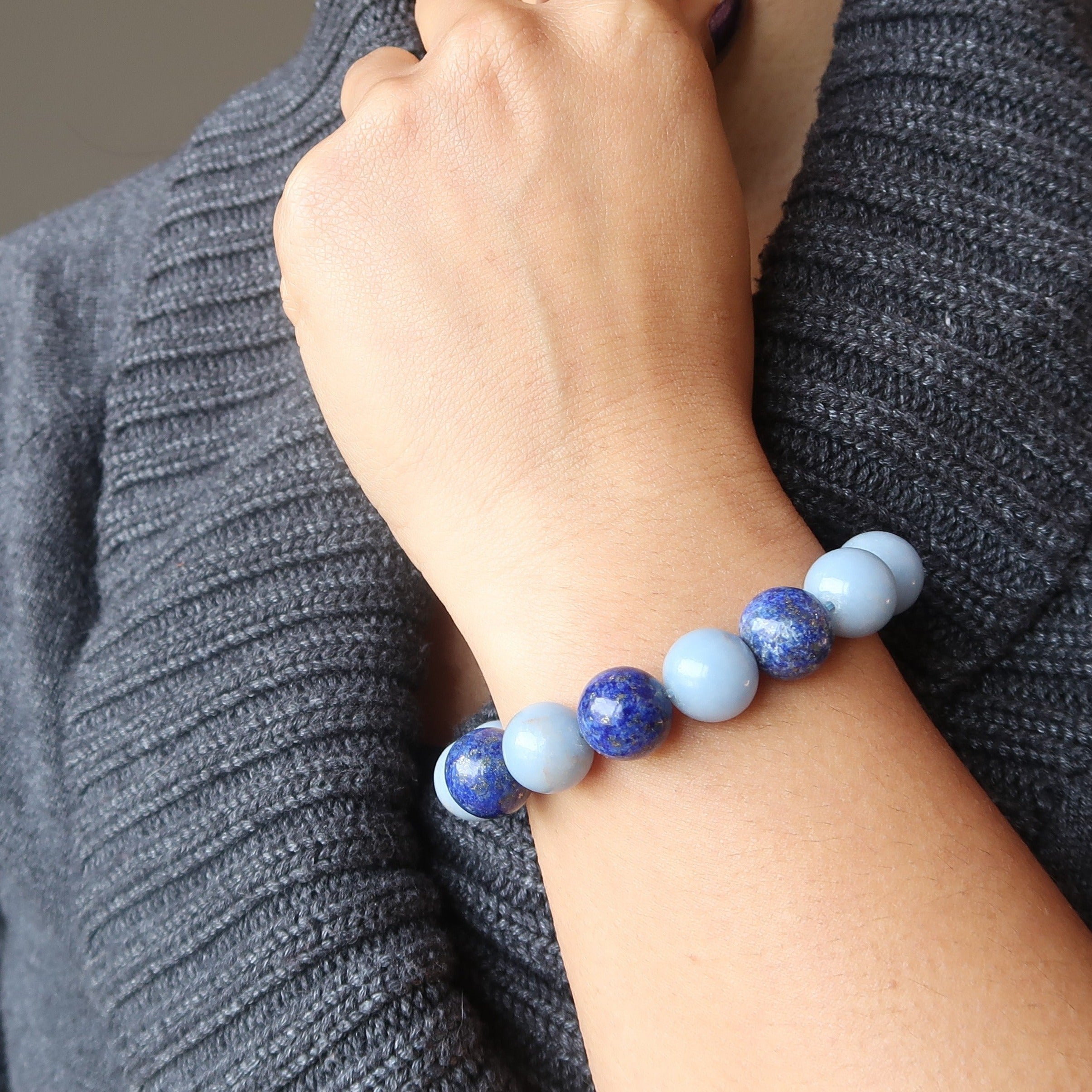 Angelite Bracelet & Lapis Lazuli Gemstone Beads Pyrite Starry Sky