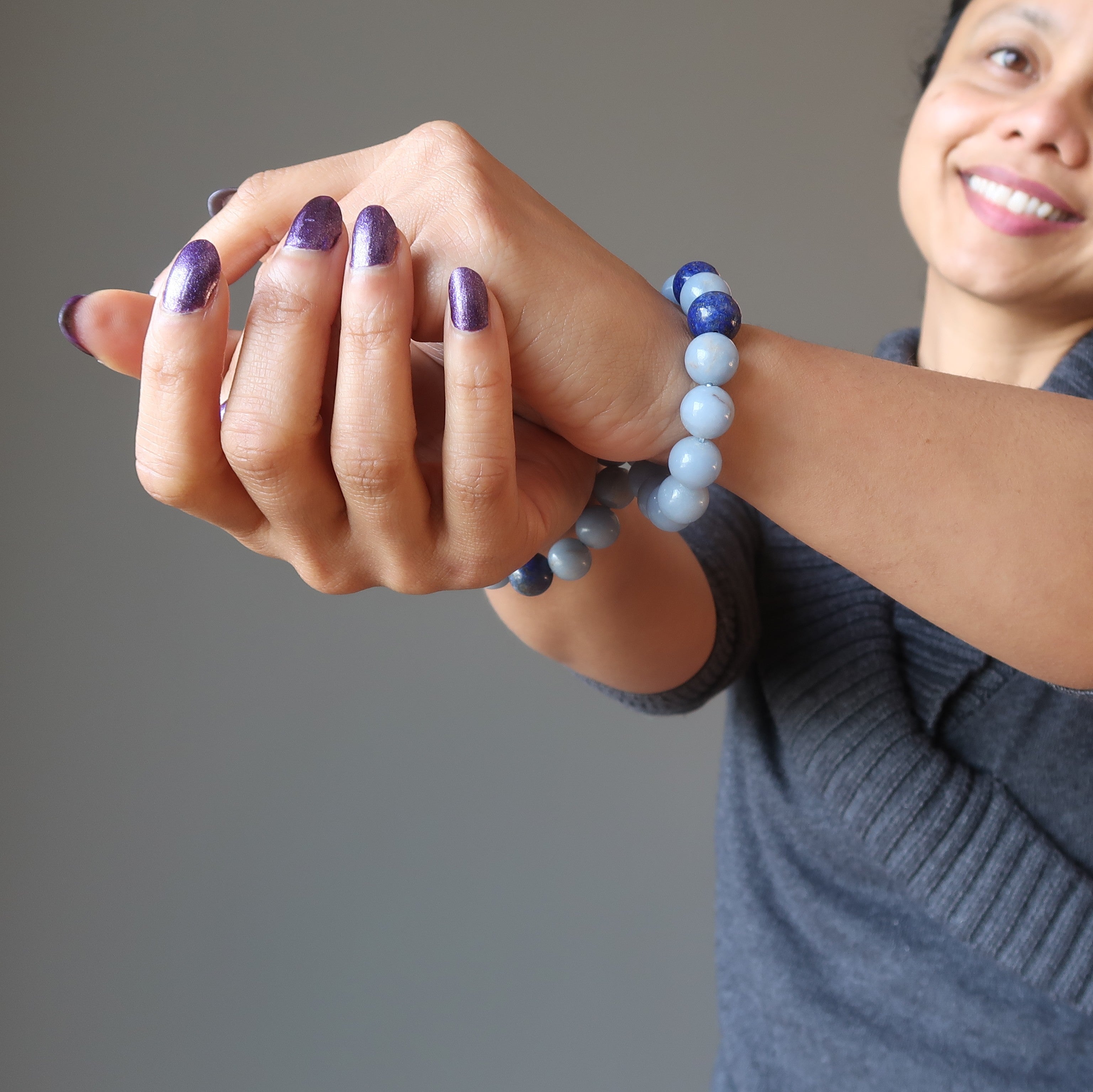Angelite Bracelet & Lapis Lazuli Gemstone Beads Pyrite Starry Sky
