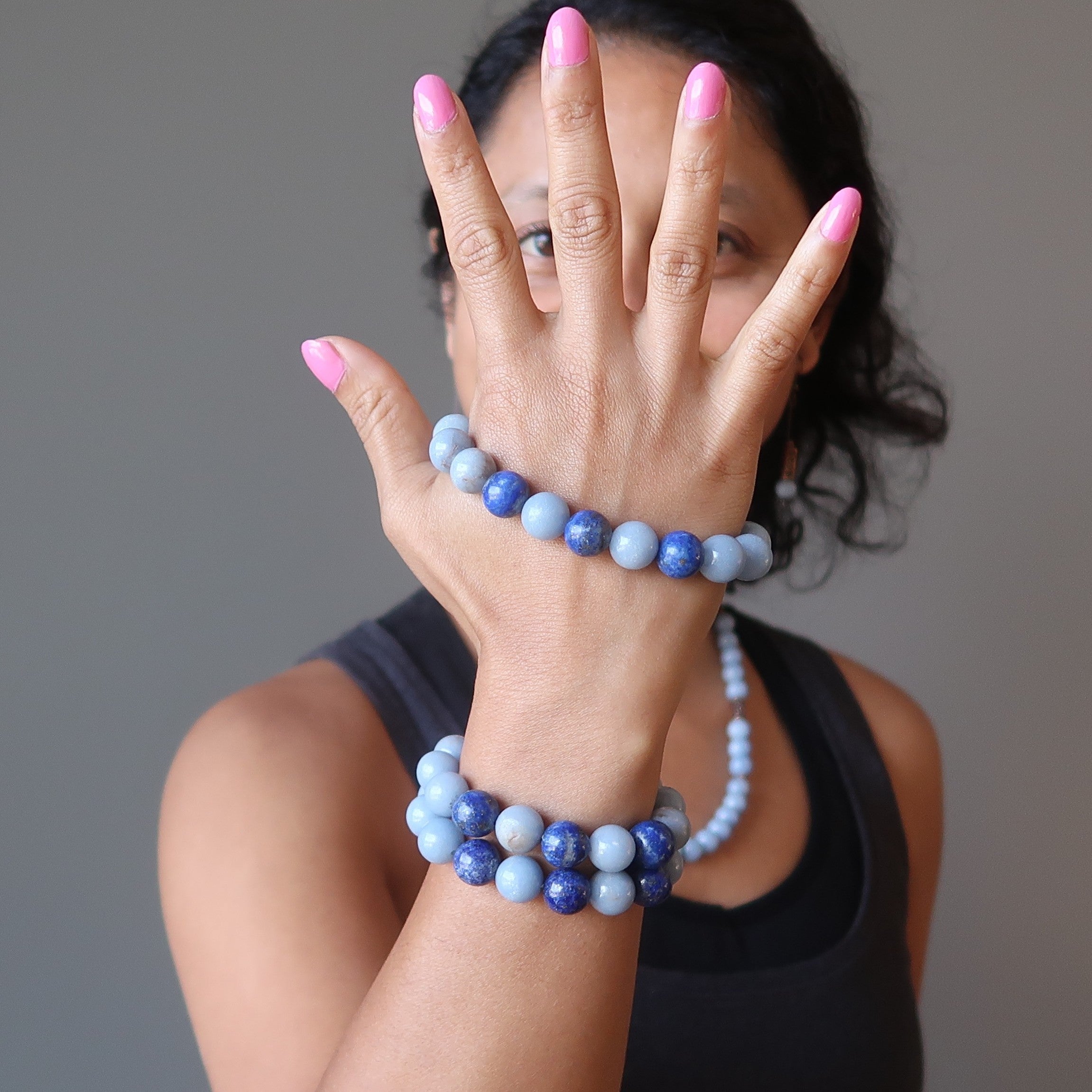 Angelite Bracelet & Lapis Lazuli Gemstone Beads Pyrite Starry Sky