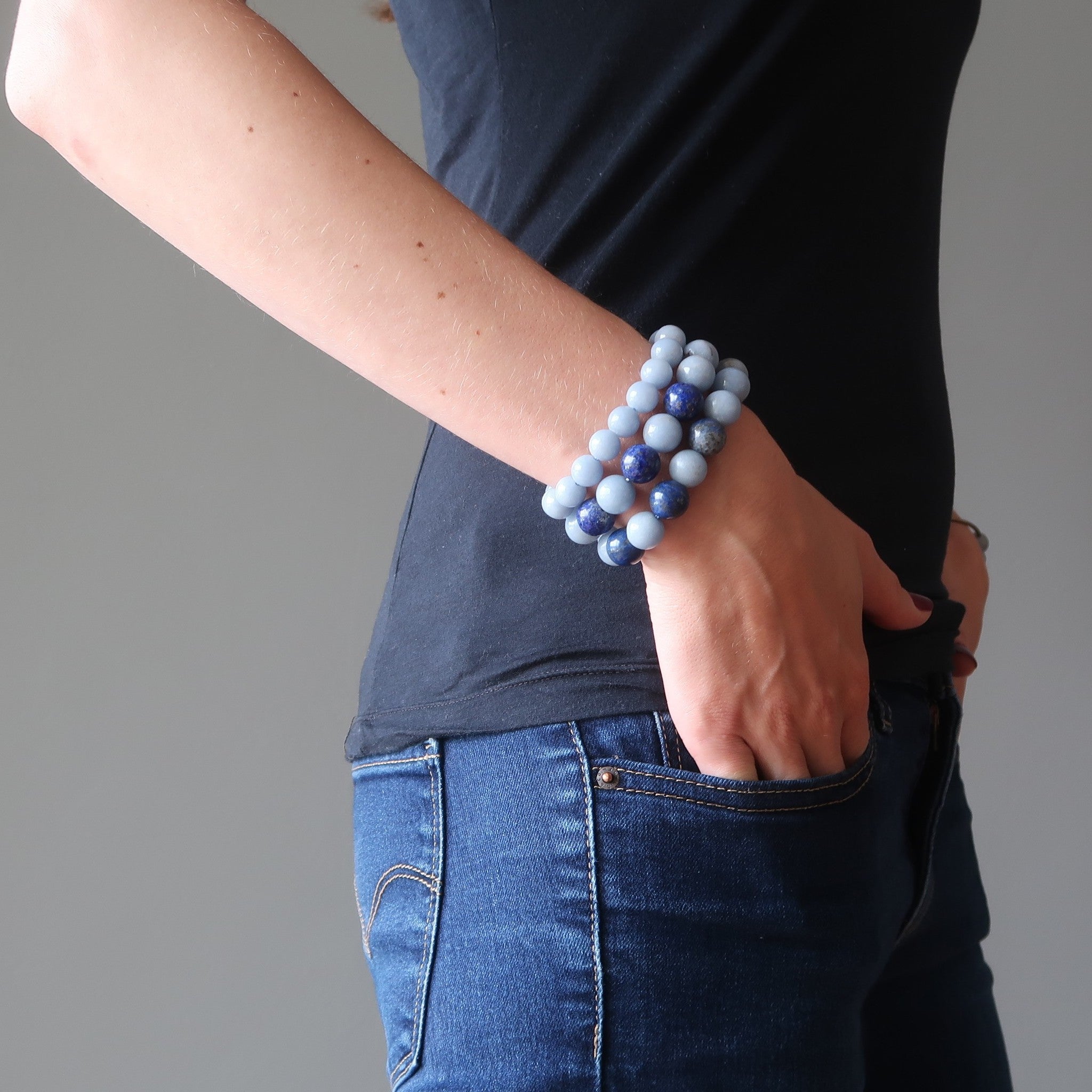 Angelite Bracelet & Lapis Lazuli Gemstone Beads Pyrite Starry Sky