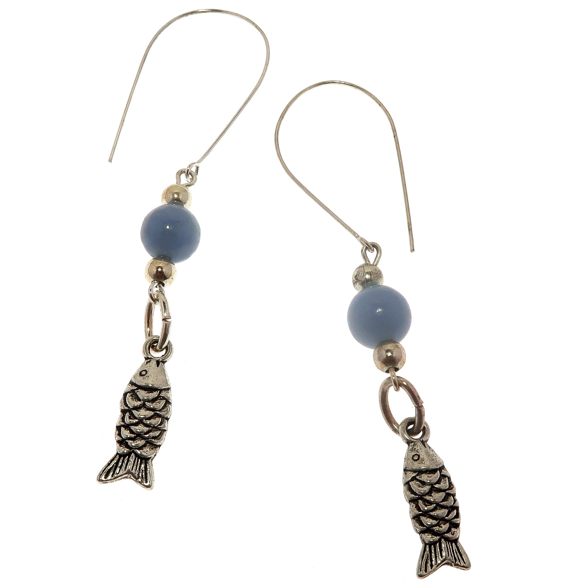 Boucles d'oreilles Angélite Mer bleue sereine Poisson argenté Bijou