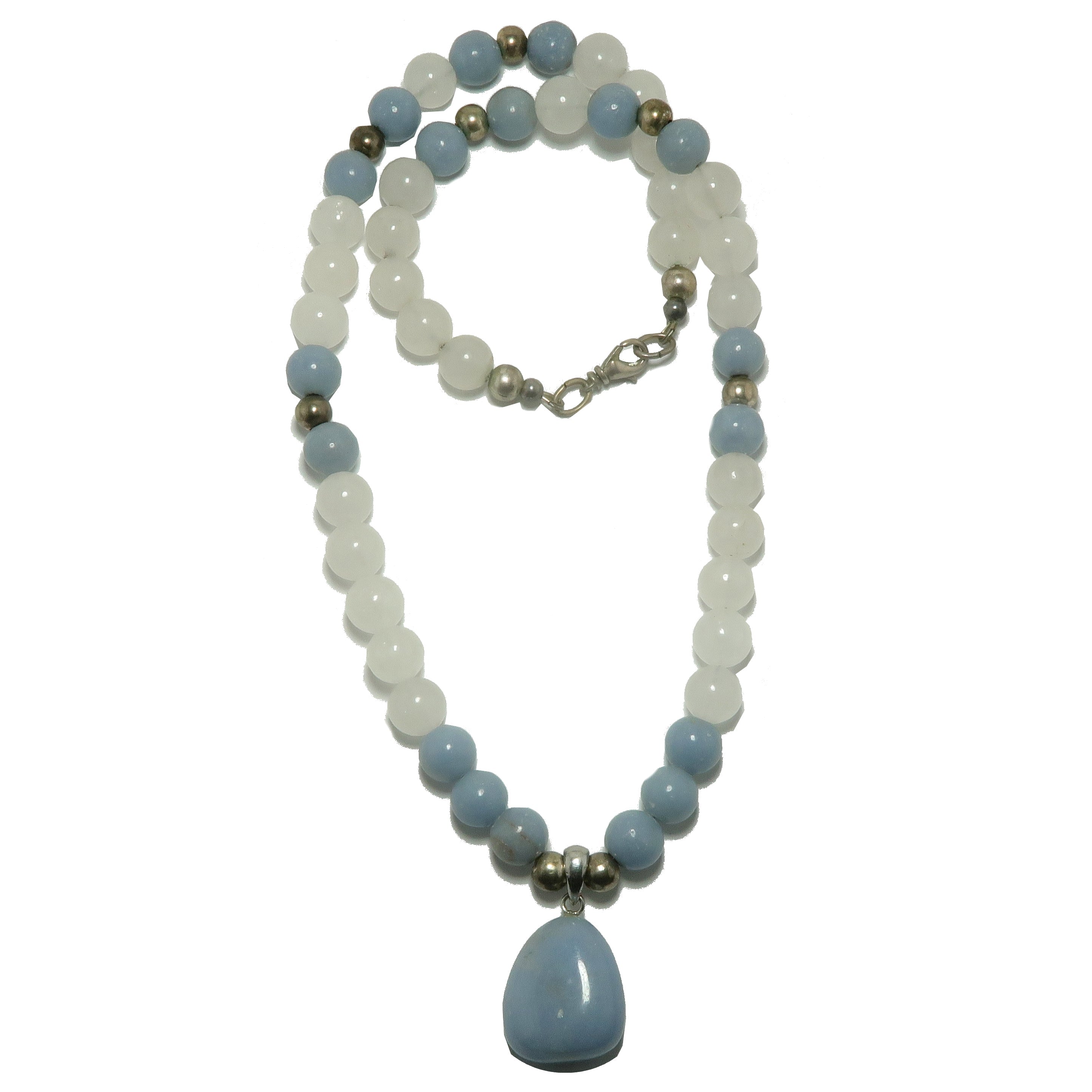 Collier angélite quartz neige gemme bleu glacé blanc