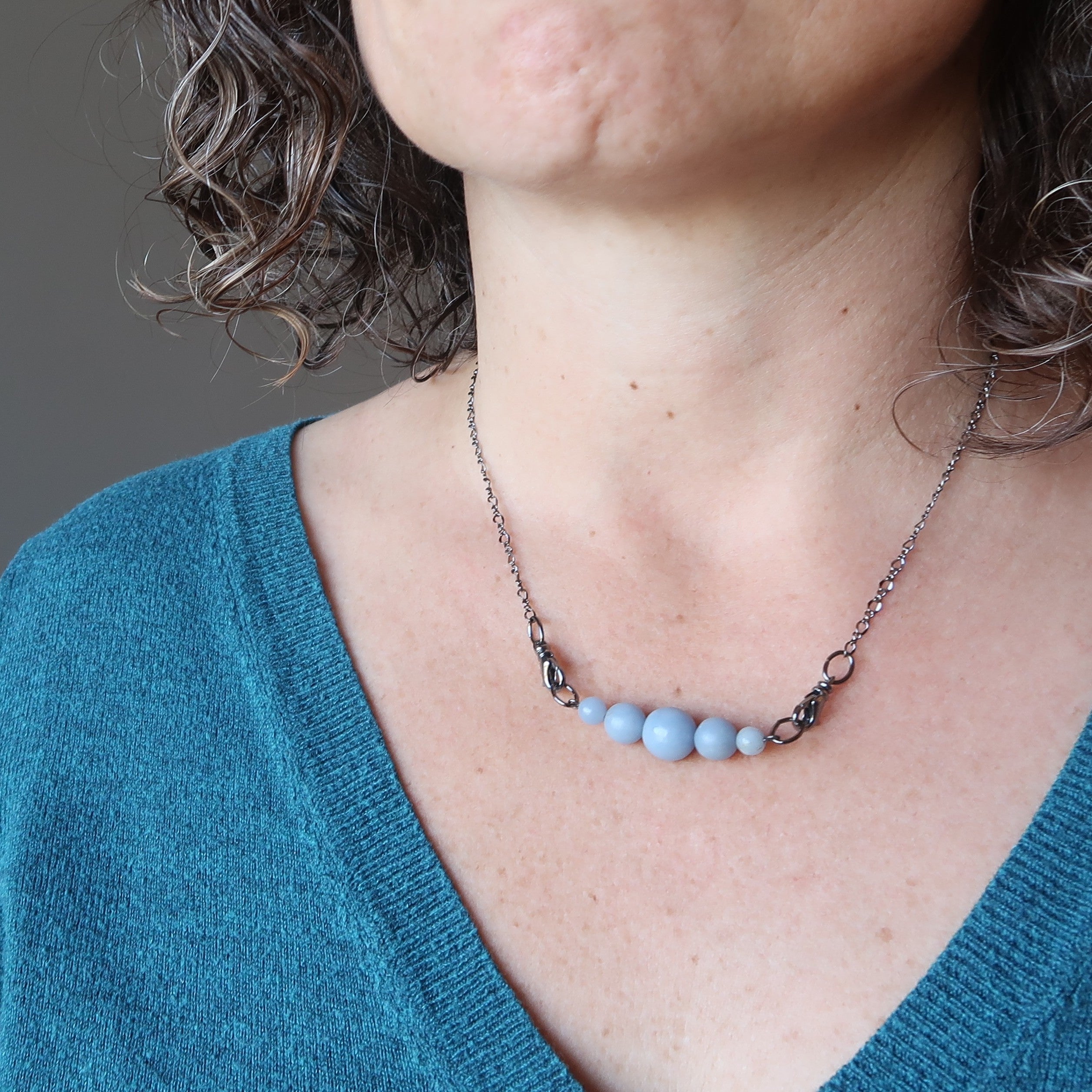 Angelite Necklace Cloud of Serenity Blue Gem Gunmetal