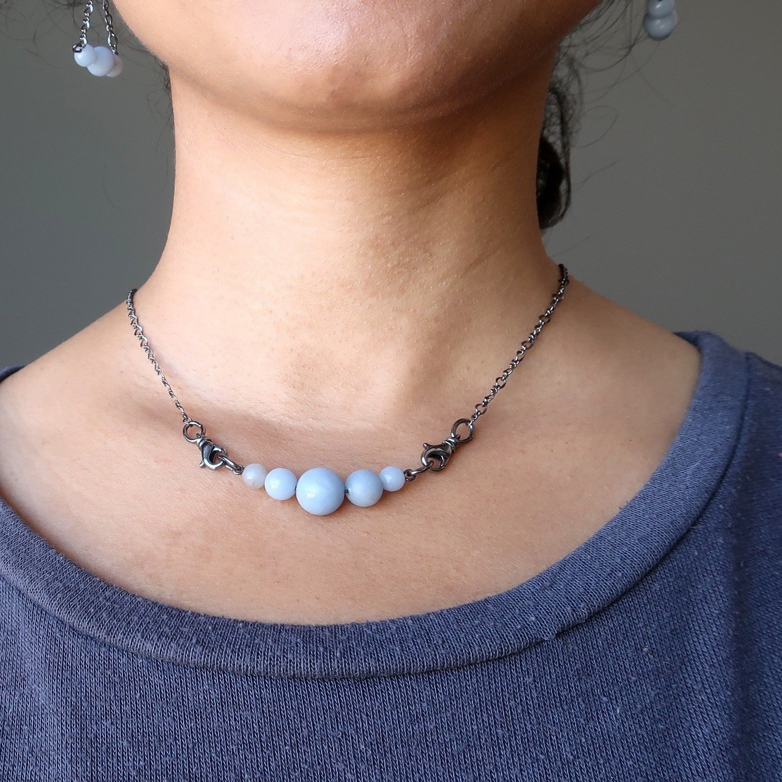 Angelite Necklace Cloud of Serenity Blue Gem Gunmetal