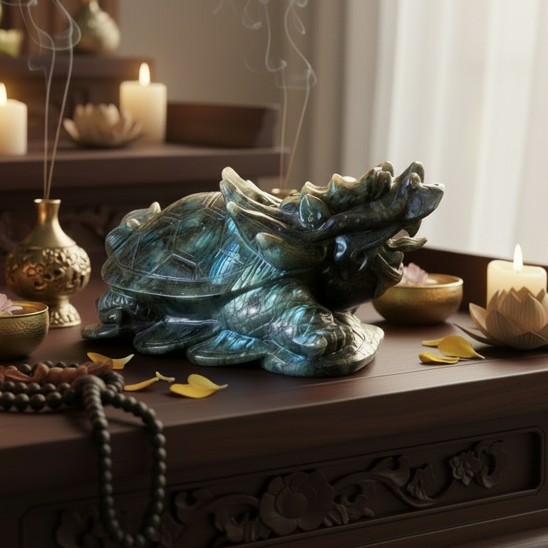Statue XXL de 9 pouces représentant une tortue dragon en labradorite aux couleurs de l'arc-en-ciel, porte-bonheur