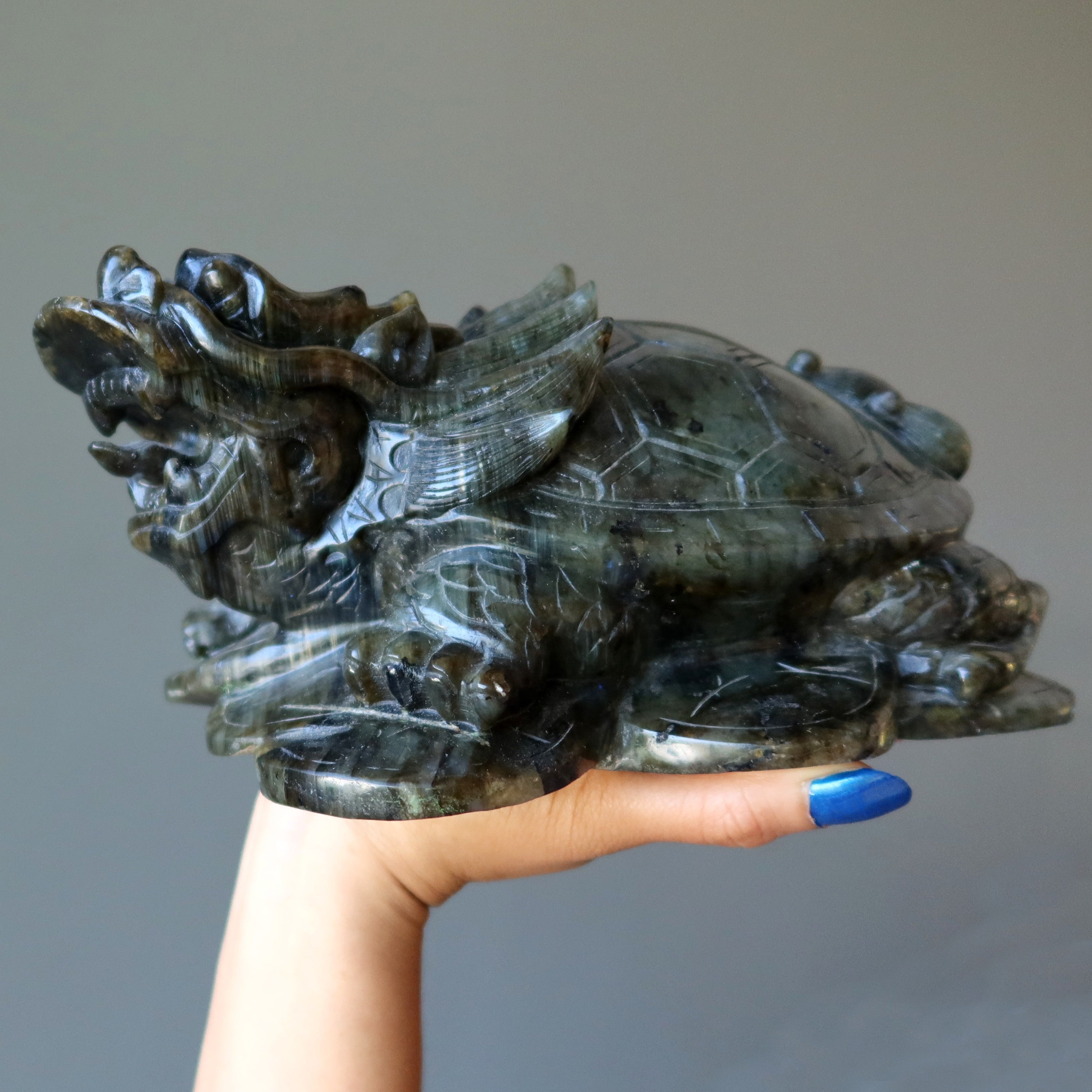 Statue XXL de 9 pouces représentant une tortue dragon en labradorite aux couleurs de l'arc-en-ciel, porte-bonheur
