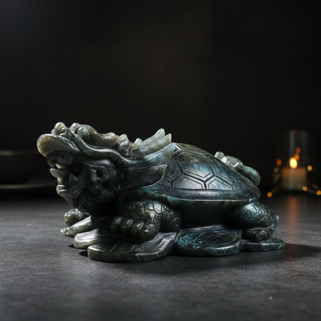 Statue XXL de 9 pouces représentant une tortue dragon en labradorite aux couleurs de l'arc-en-ciel, porte-bonheur