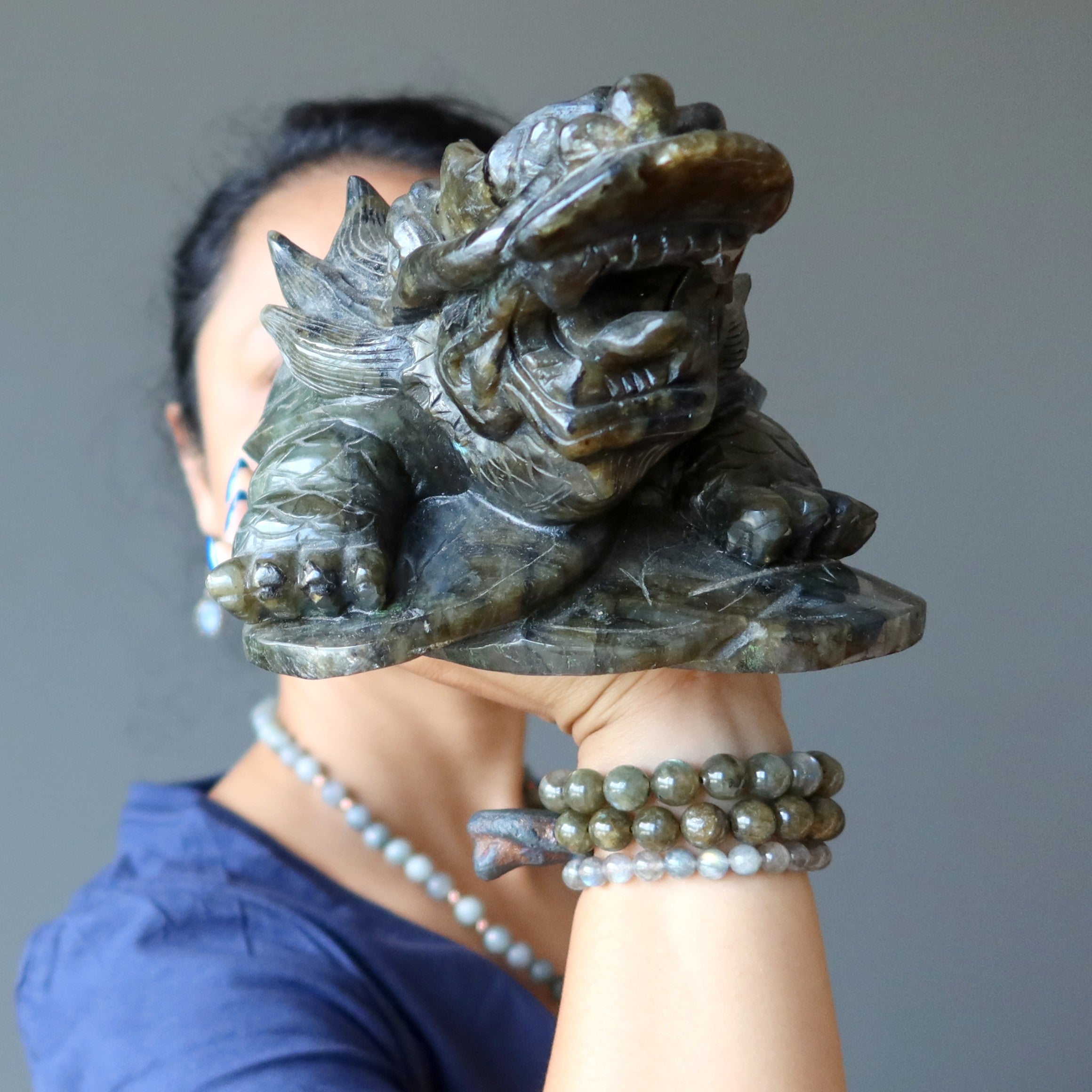 Statue XXL de 9 pouces représentant une tortue dragon en labradorite aux couleurs de l'arc-en-ciel, porte-bonheur