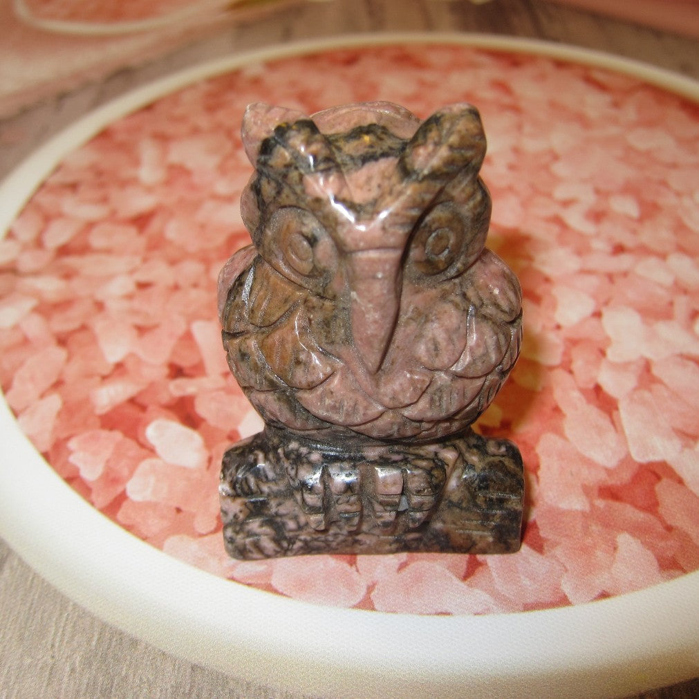 Rhodonite Owl Figurine Pink Messenger of Love Gemstone