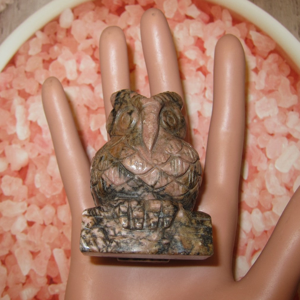 Rhodonite Owl Figurine Pink Messenger of Love Gemstone