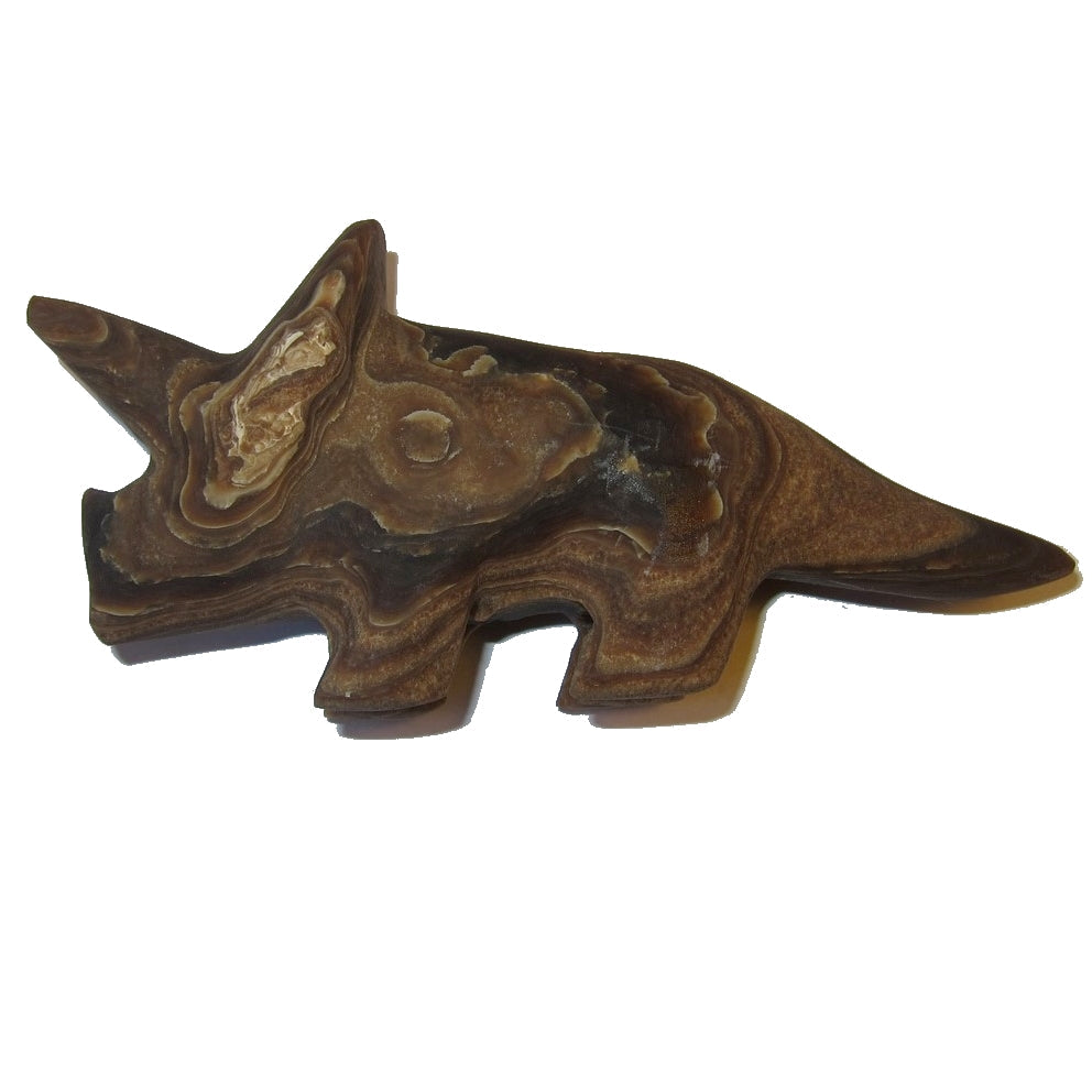 Figurine de tricératops en aragonite, grand tourbillon marron, en pierre gemme