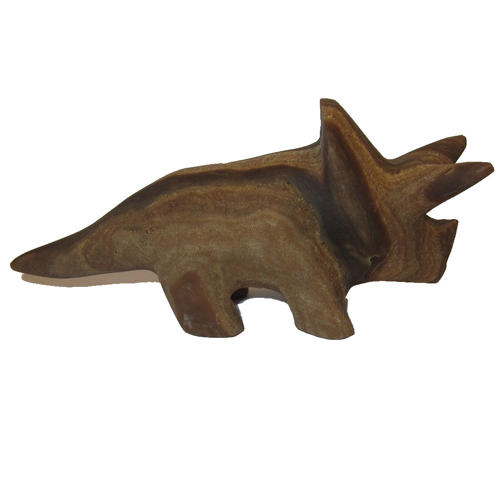 Figurine de tricératops en aragonite, grand tourbillon marron, en pierre gemme