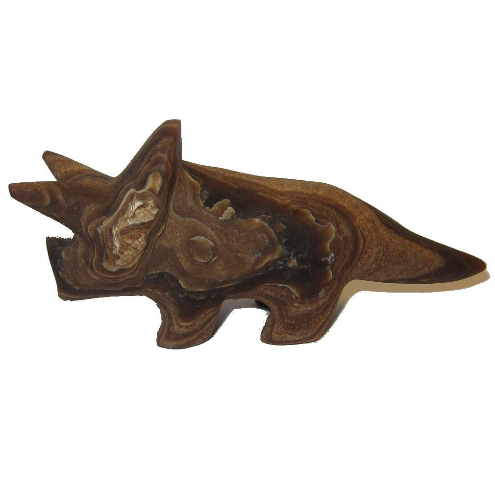Figurine de tricératops en aragonite, grand tourbillon marron, en pierre gemme
