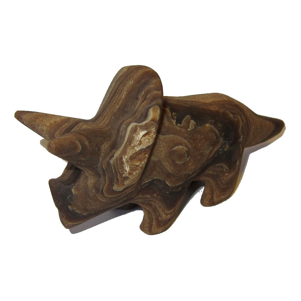 Figurine de tricératops en aragonite, grand tourbillon marron, en pierre gemme