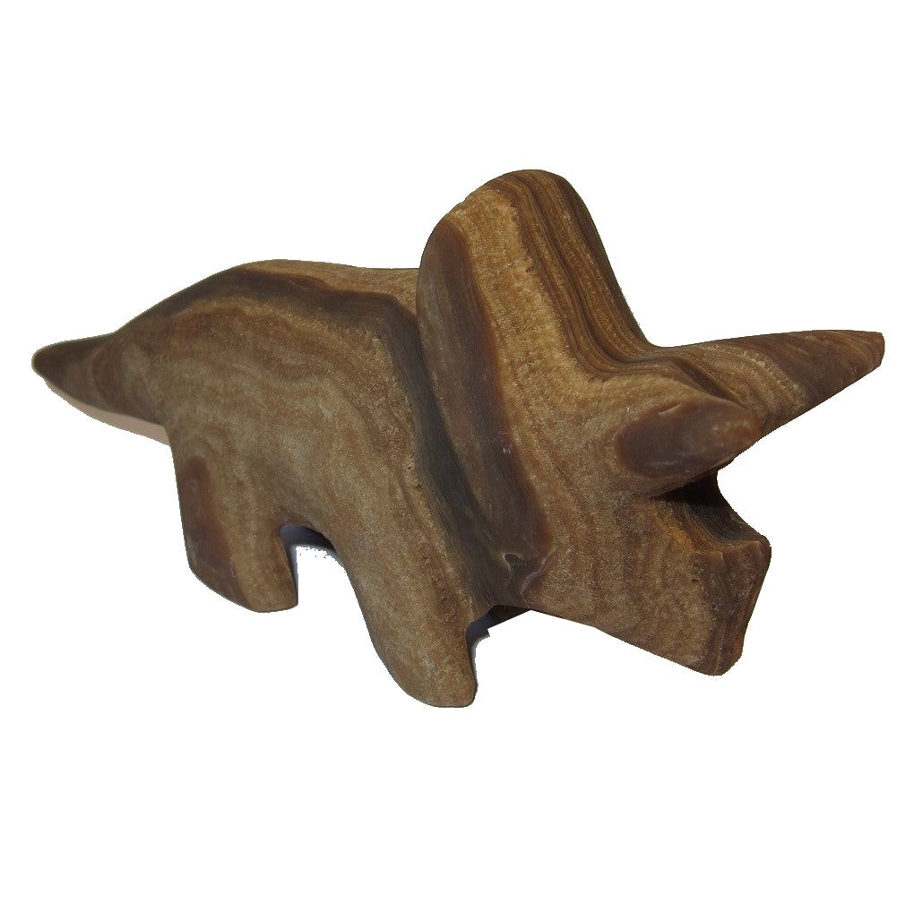 Figurine de tricératops en aragonite, grand tourbillon marron, en pierre gemme