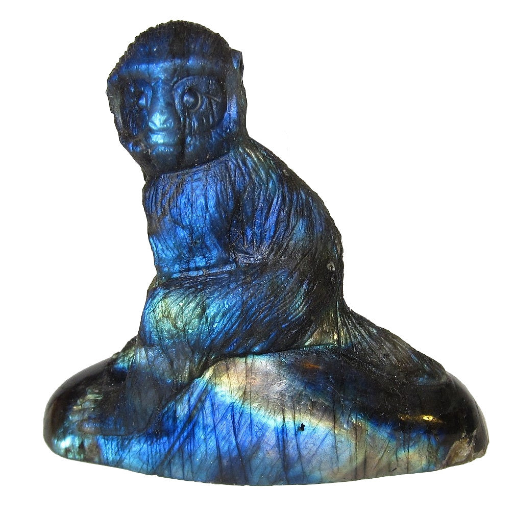 Figurine d'animal sculptée en cristal de labradorite bleue irisée, singe