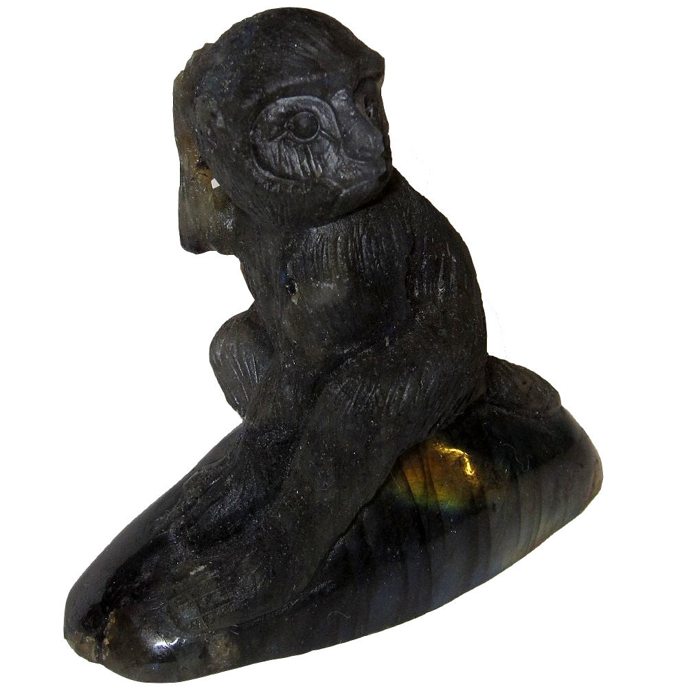 Figurine d'animal sculptée en cristal de labradorite bleue irisée, singe