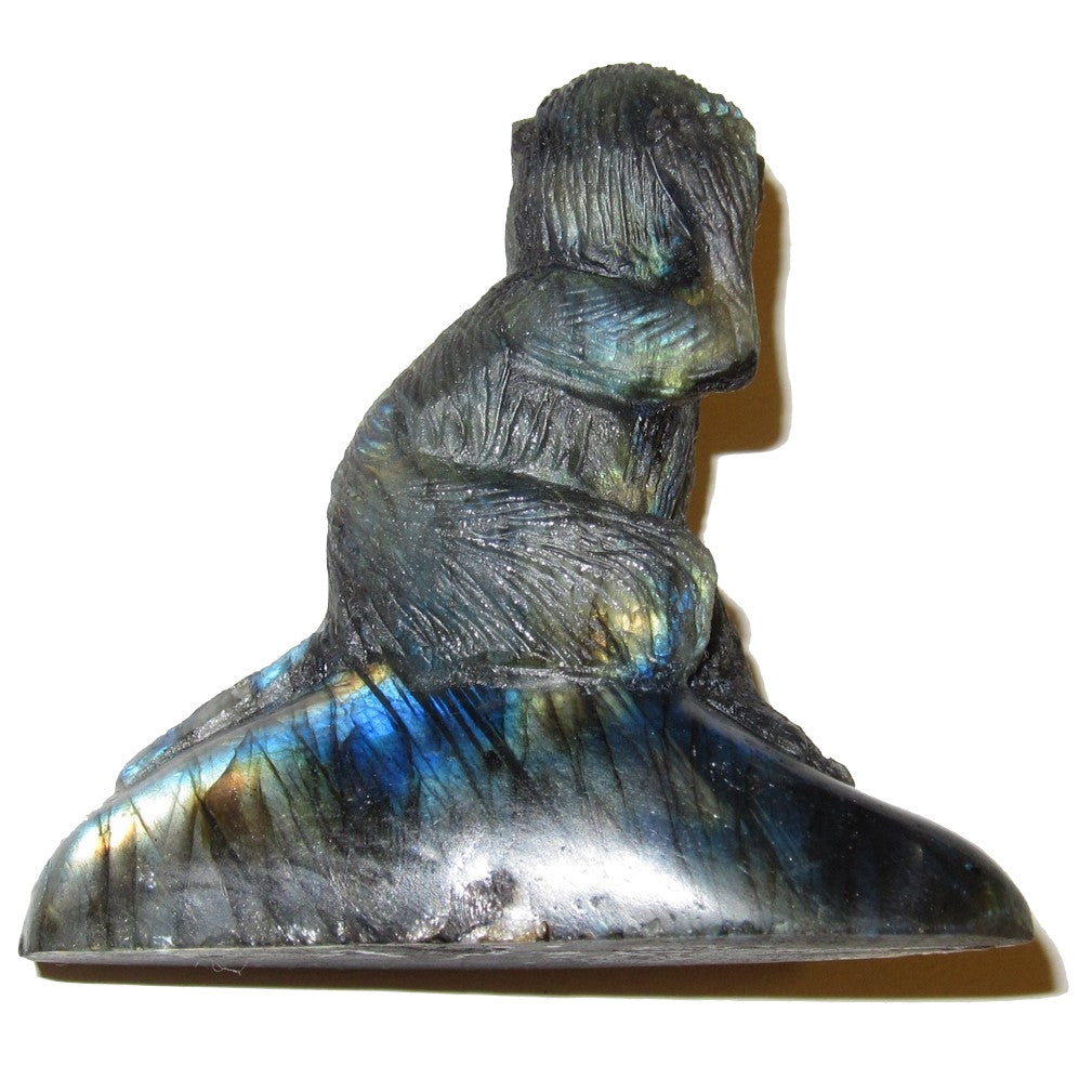 Figurine d'animal sculptée en cristal de labradorite bleue irisée, singe