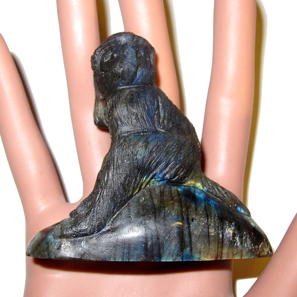 Figurine d'animal sculptée en cristal de labradorite bleue irisée, singe