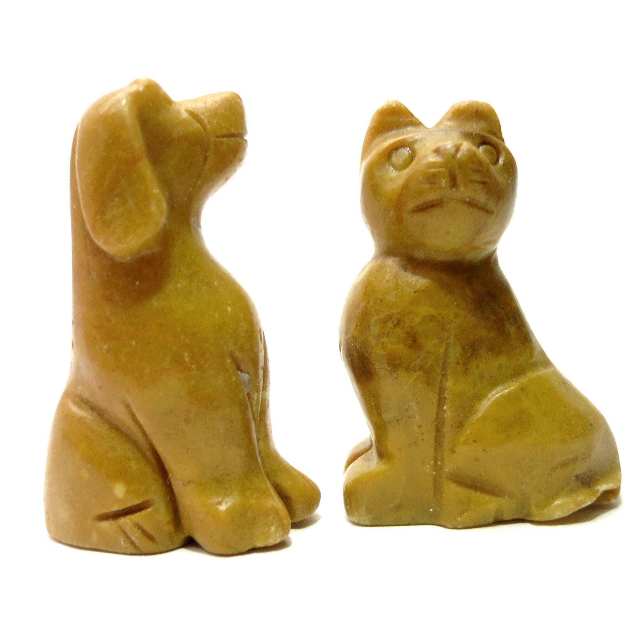 Figurine en pierre de jaspe moutarde Chat et Chien, ensemble animal totem