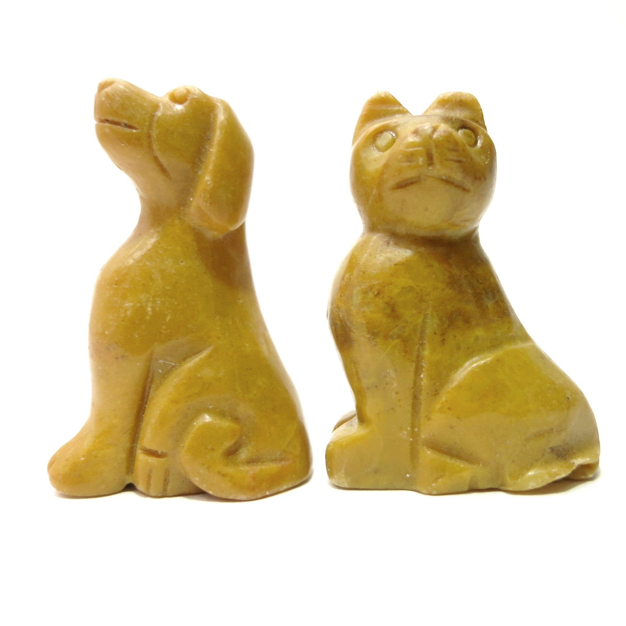 Figurine en pierre de jaspe moutarde Chat et Chien, ensemble animal totem