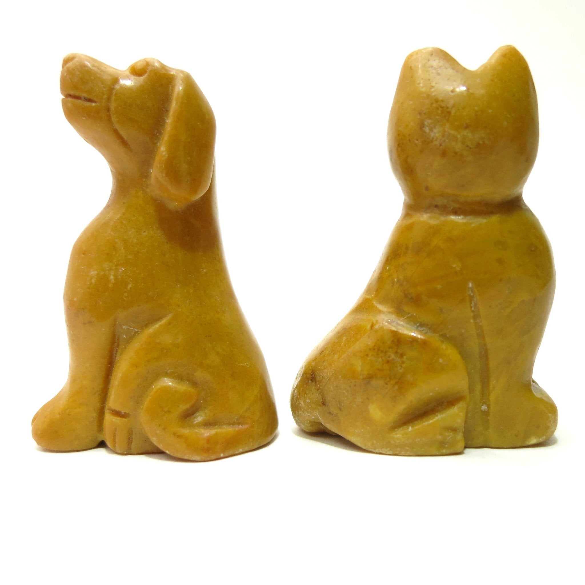 Figurine en pierre de jaspe moutarde Chat et Chien, ensemble animal totem
