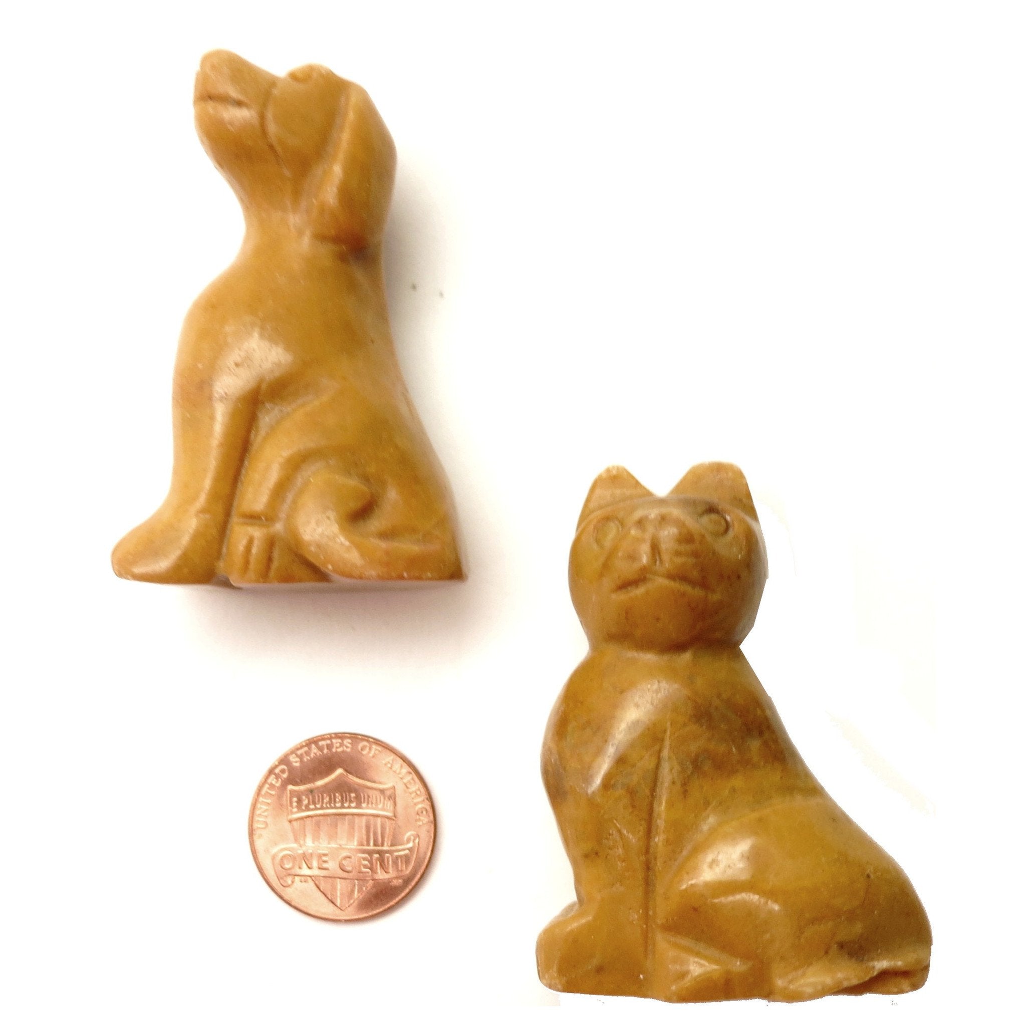 Figurine en pierre de jaspe moutarde Chat et Chien, ensemble animal totem