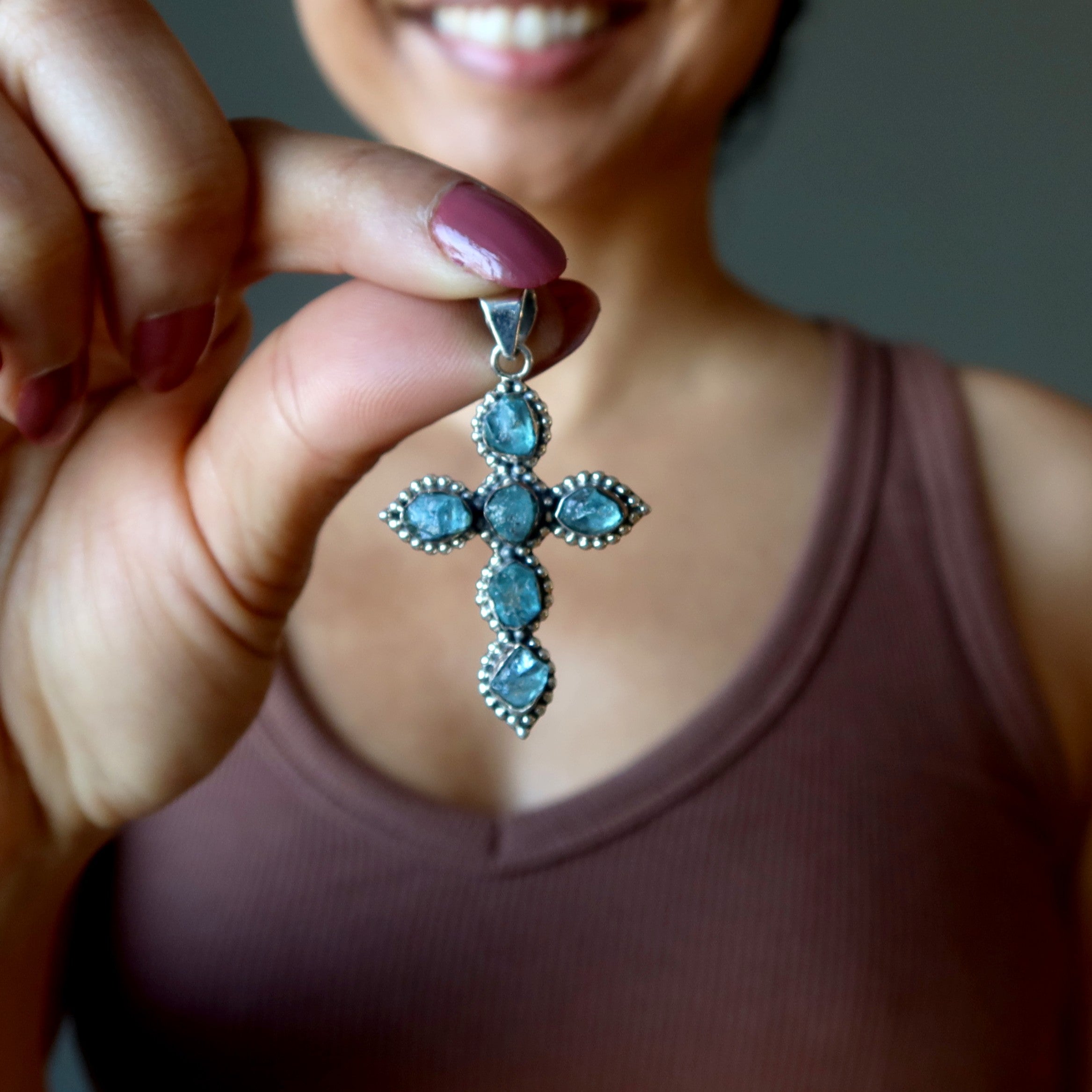Pendentif en apatite, croix bleue, gemme Believer, argent sterling
