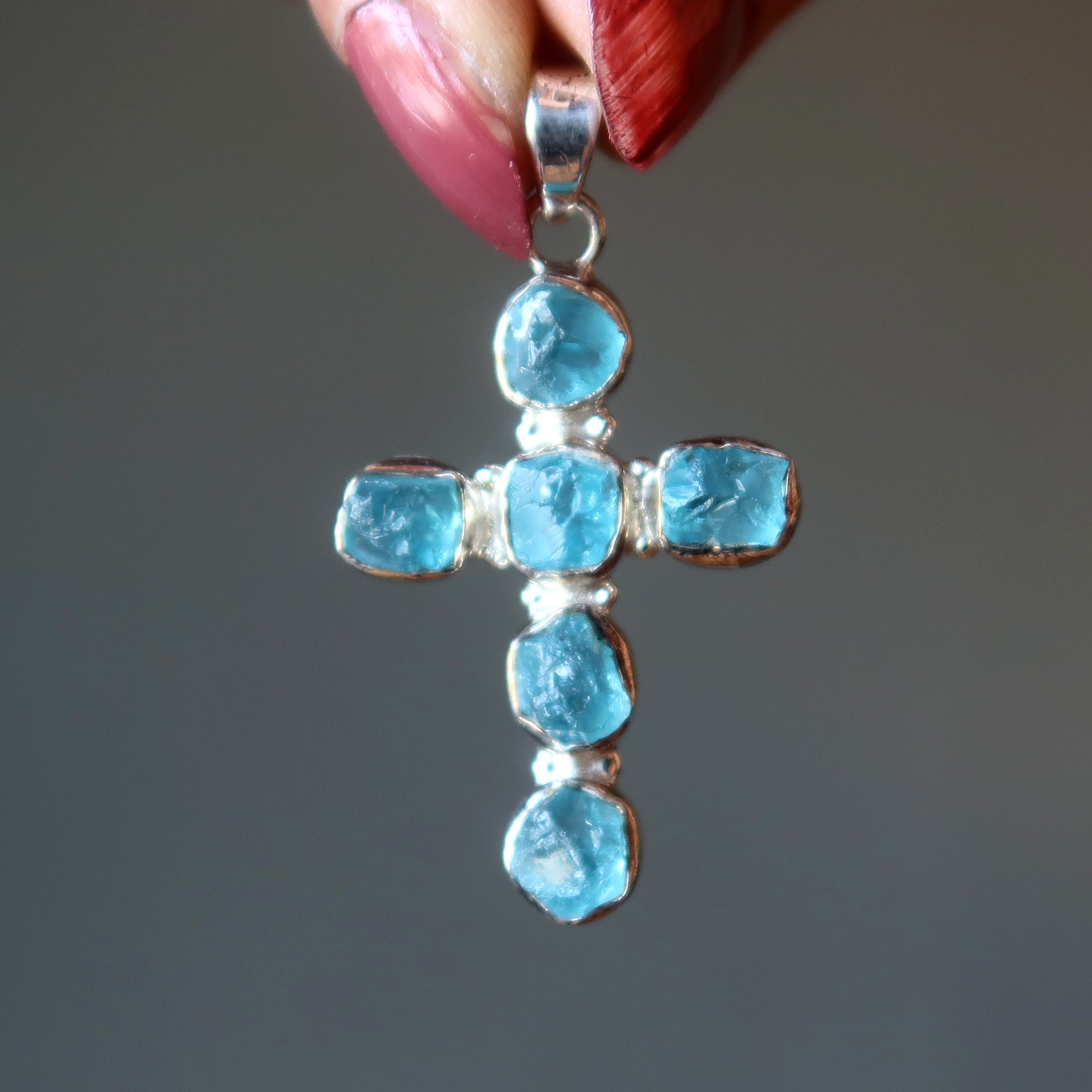 Pendentif en apatite, croix bleue, gemme Believer, argent sterling
