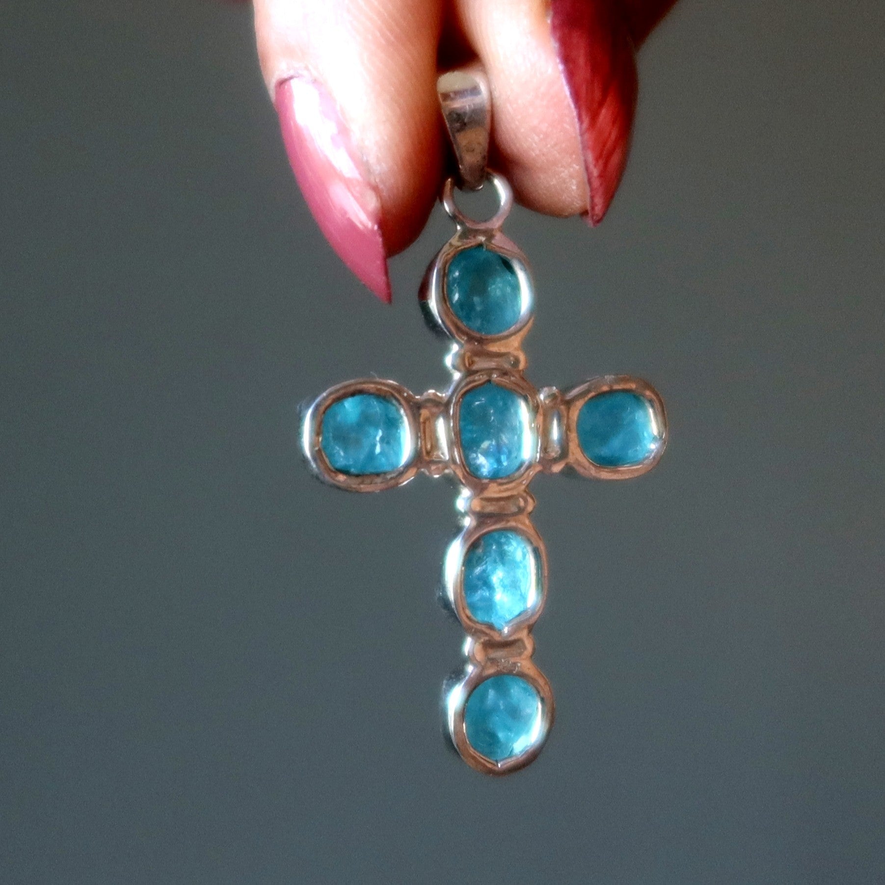 Pendentif en apatite, croix bleue, gemme Believer, argent sterling
