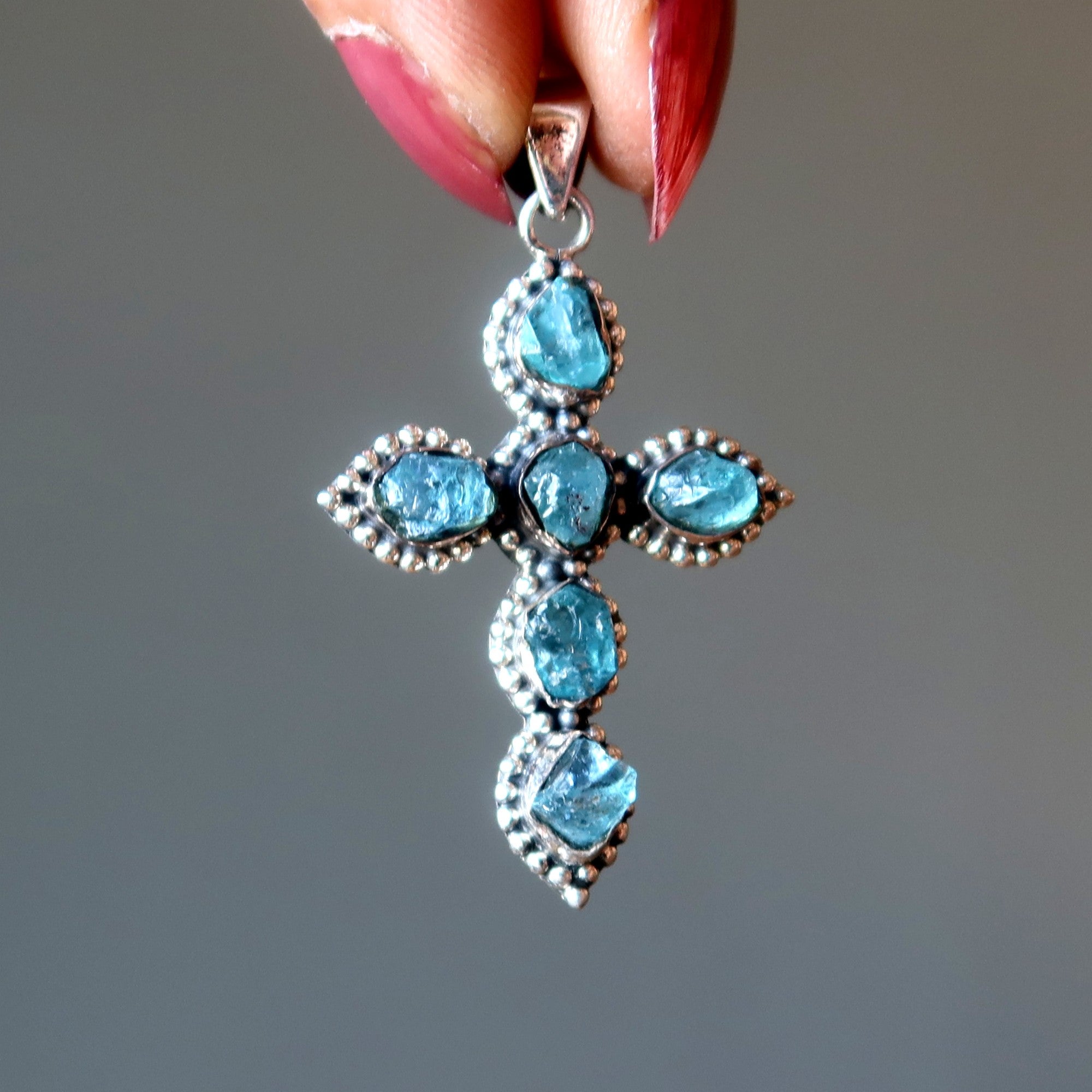 Pendentif en apatite, croix bleue, gemme Believer, argent sterling