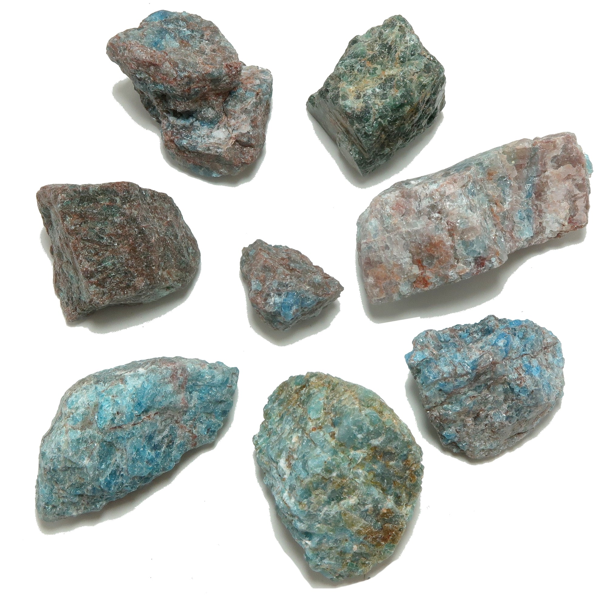 Apatit Rohkristall-Set 8 blaue Hals- & Stirnchakra-Steine