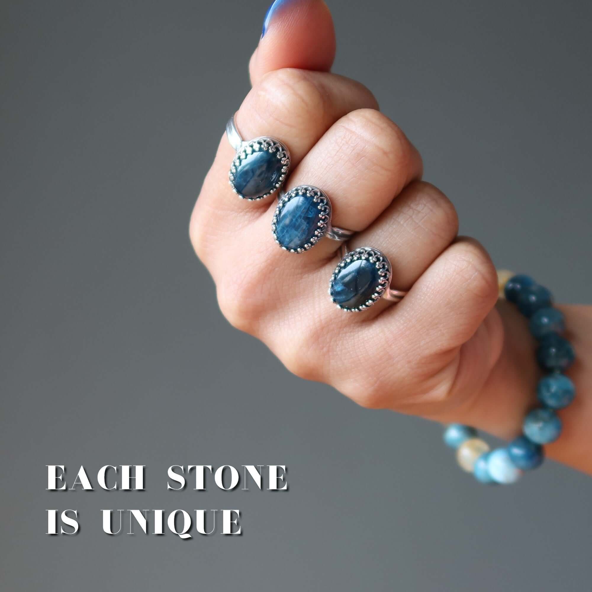 Apatite Ring Blue Shine Sterling Silver Adjustable