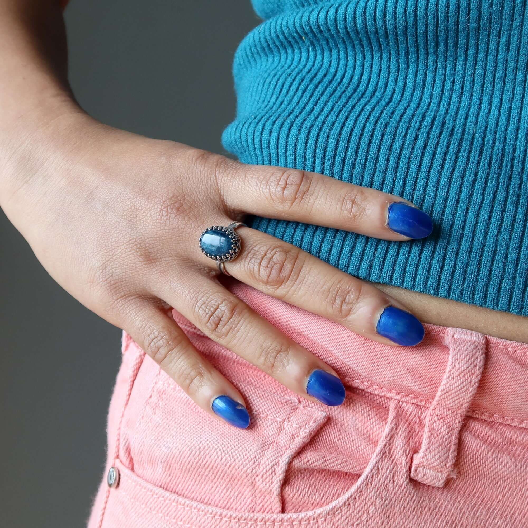 Apatite Ring Blue Shine Sterling Silver Adjustable