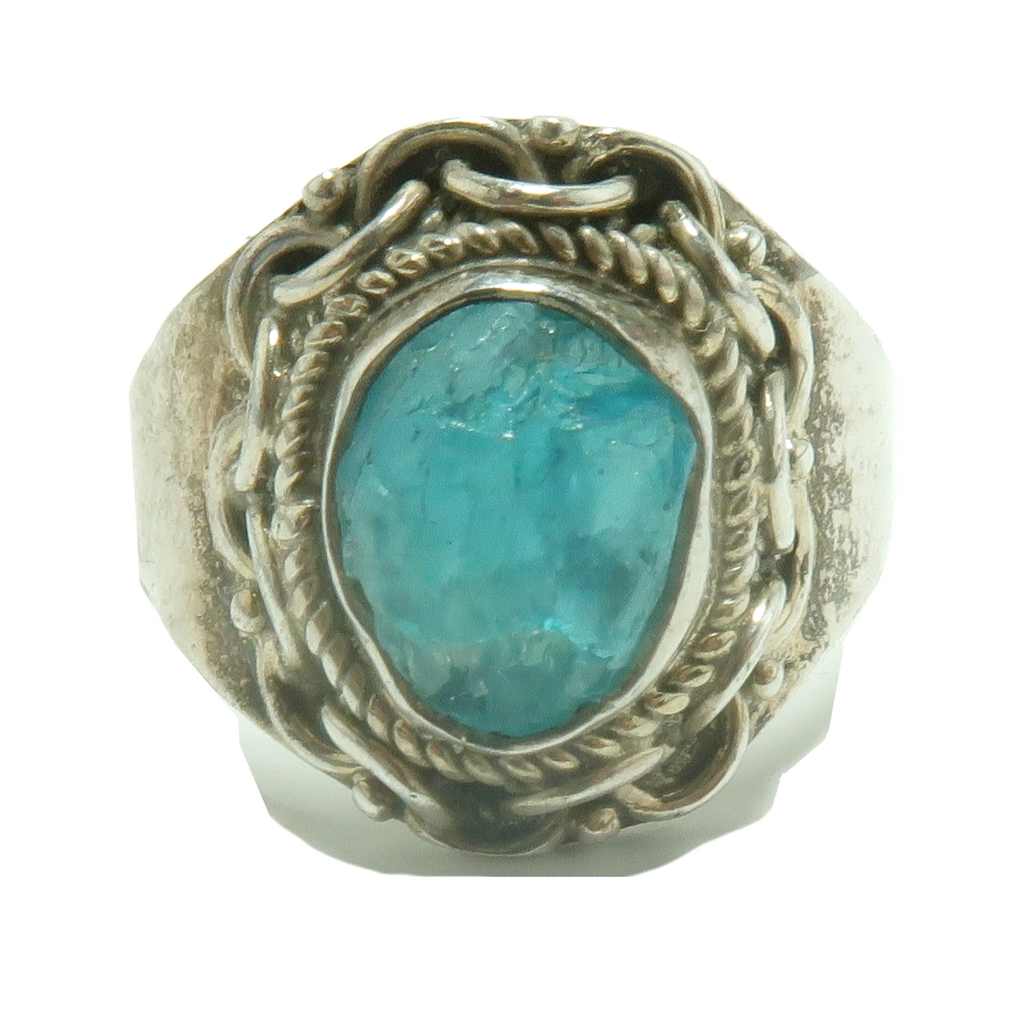 Apatit-Ring Strahlend Roh Blauer Edelstein Manifestation Sterlingsilber