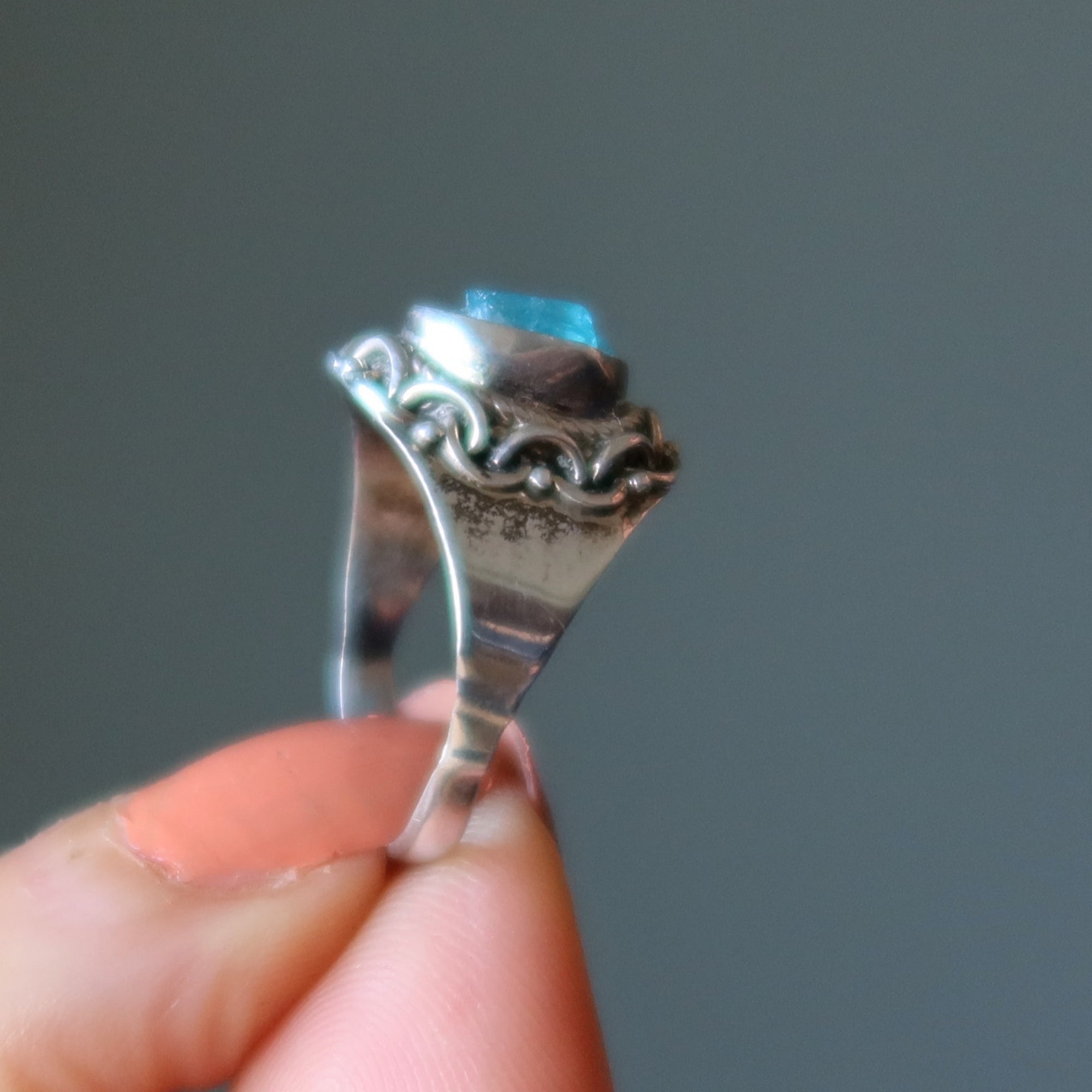Apatite Ring Radiant Raw Blue Gem Manifestation Sterling Silver