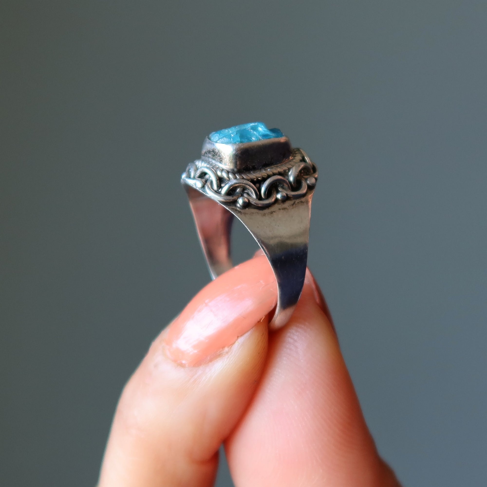 Apatite Ring Radiant Raw Blue Gem Manifestation Sterling Silver