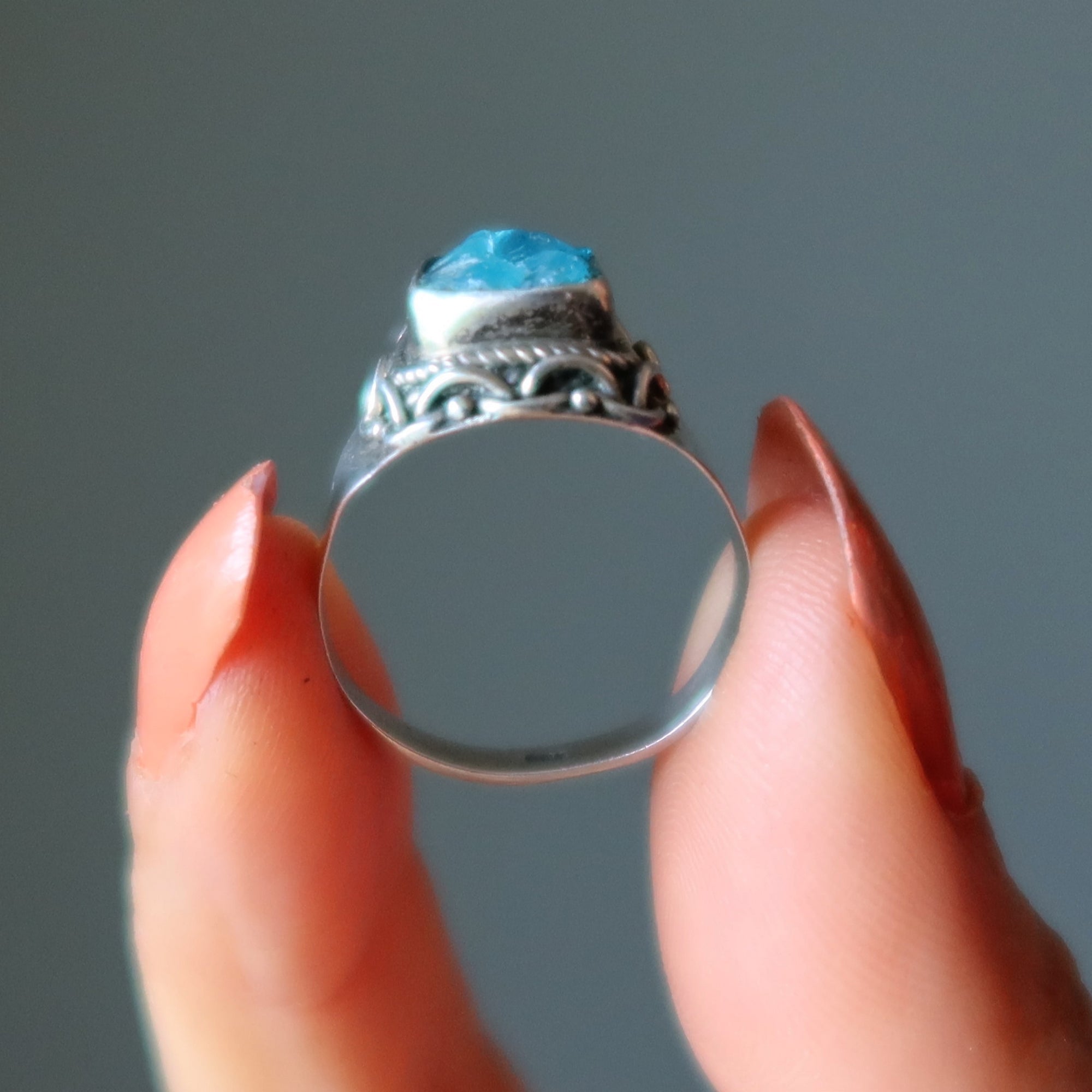 Apatite Ring Radiant Raw Blue Gem Manifestation Sterling Silver