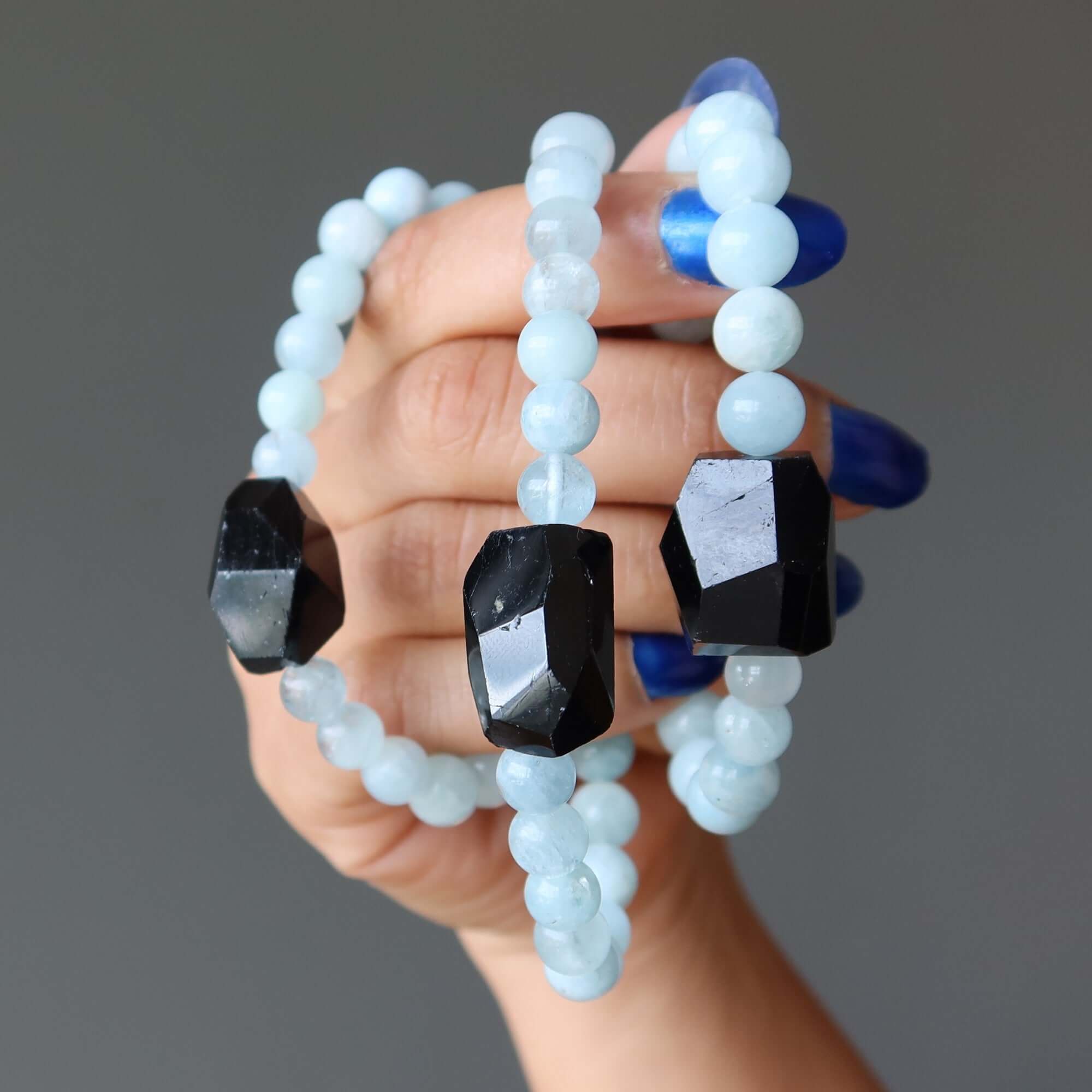 Aquamarine Bracelet & Black Tourmaline Bead Peace Protector