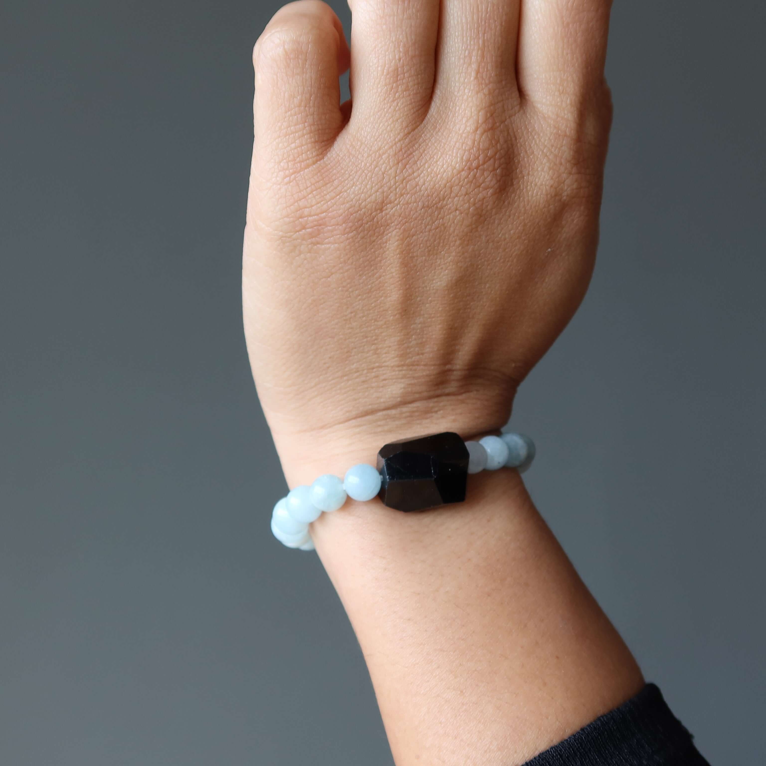 Aquamarine Bracelet & Black Tourmaline Bead Peace Protector
