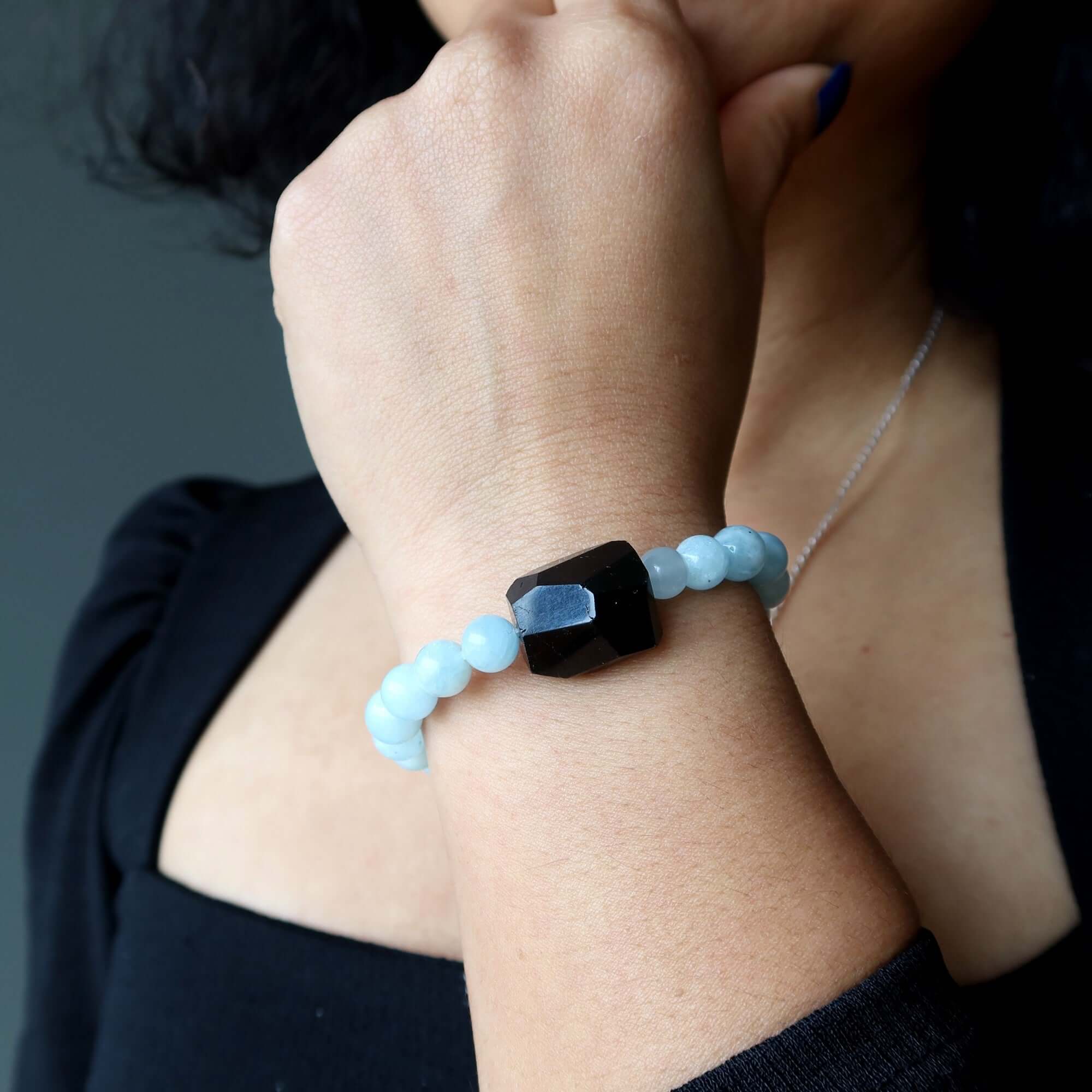 Aquamarine Bracelet & Black Tourmaline Bead Peace Protector